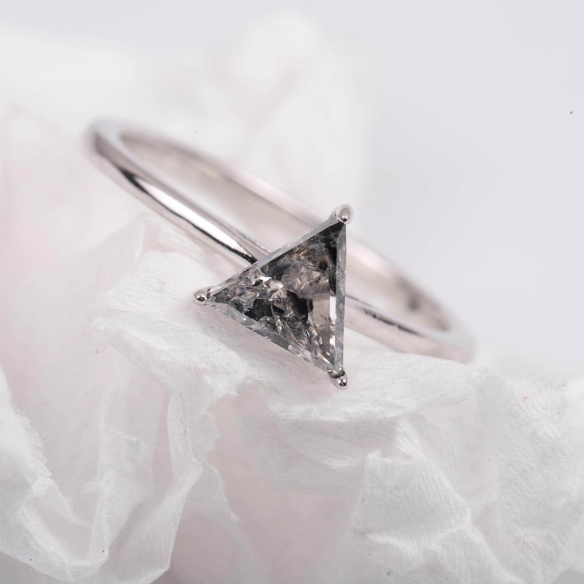 14K White Gold Triangle Cut Grey Salt and Pepper Natural Diamond Wedding Ring