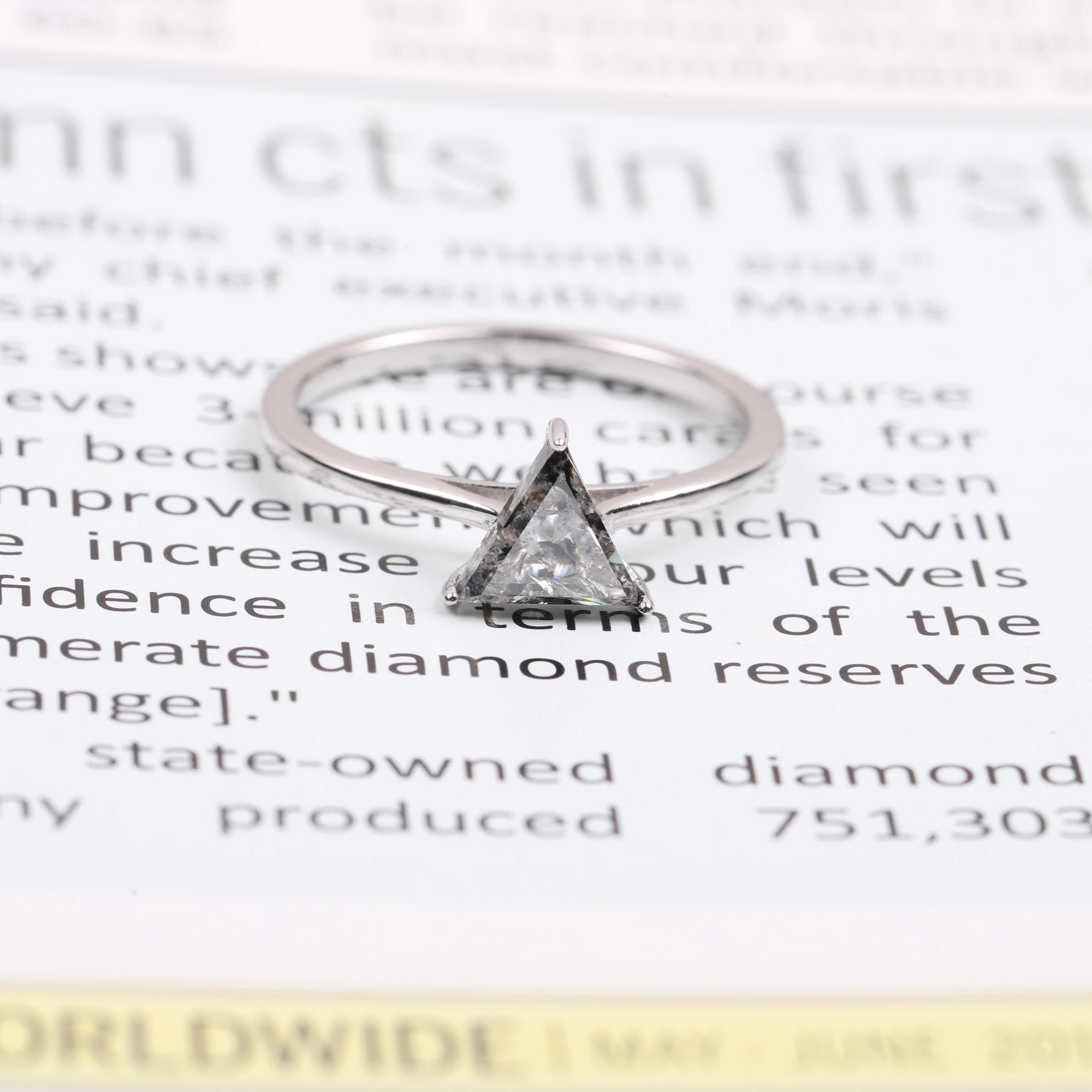 14K White Gold Triangle Cut Grey Salt and Pepper Natural Diamond Wedding Ring