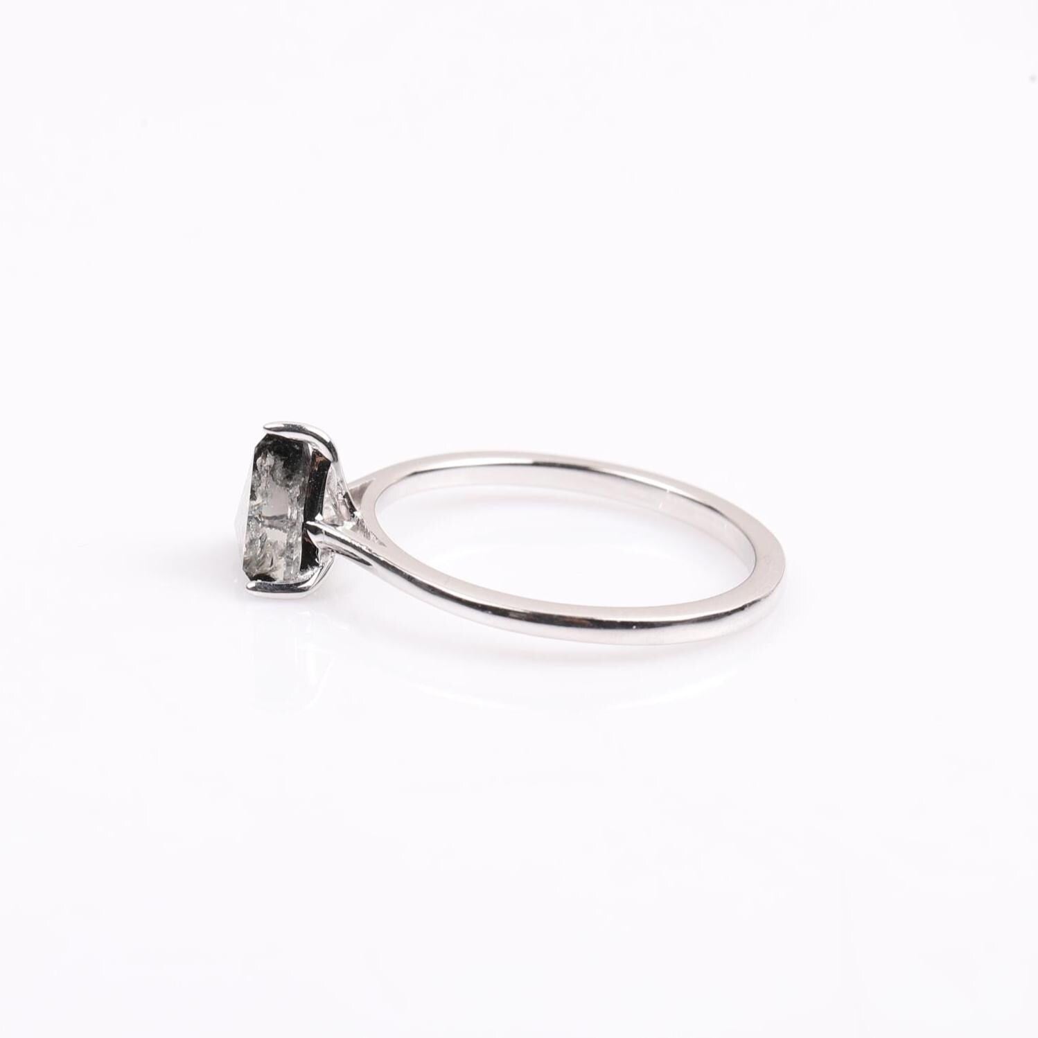 14K White Gold Triangle Cut Grey Salt and Pepper Natural Diamond Wedding Ring