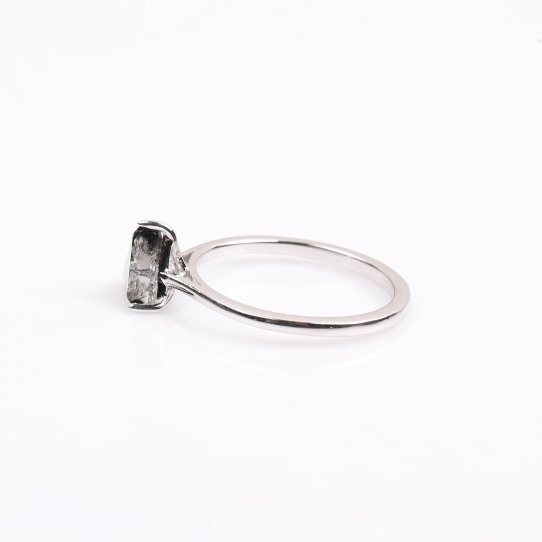 14K White Gold Triangle Cut Grey Salt and Pepper Natural Diamond Wedding Ring