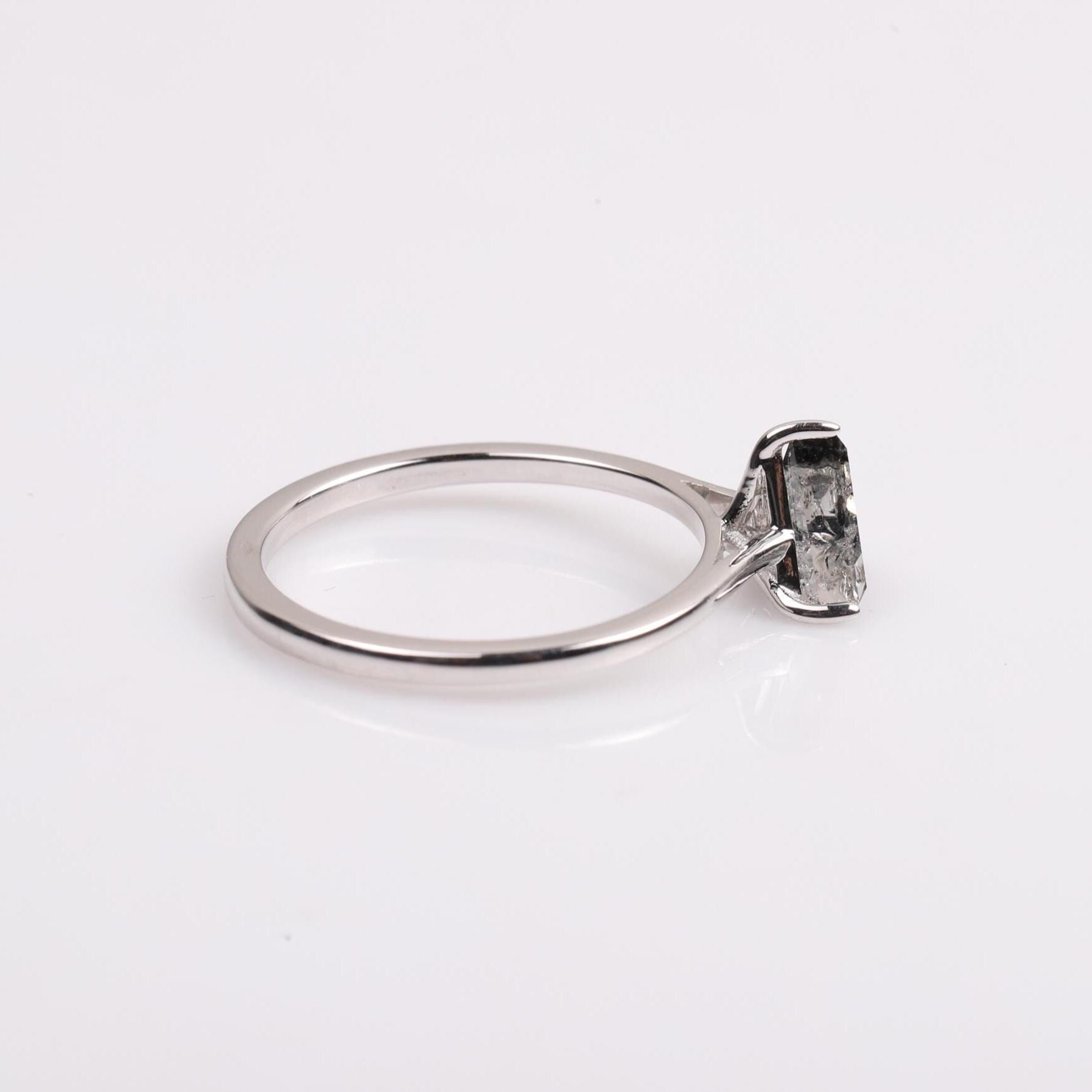 14K White Gold Triangle Cut Grey Salt and Pepper Natural Diamond Wedding Ring