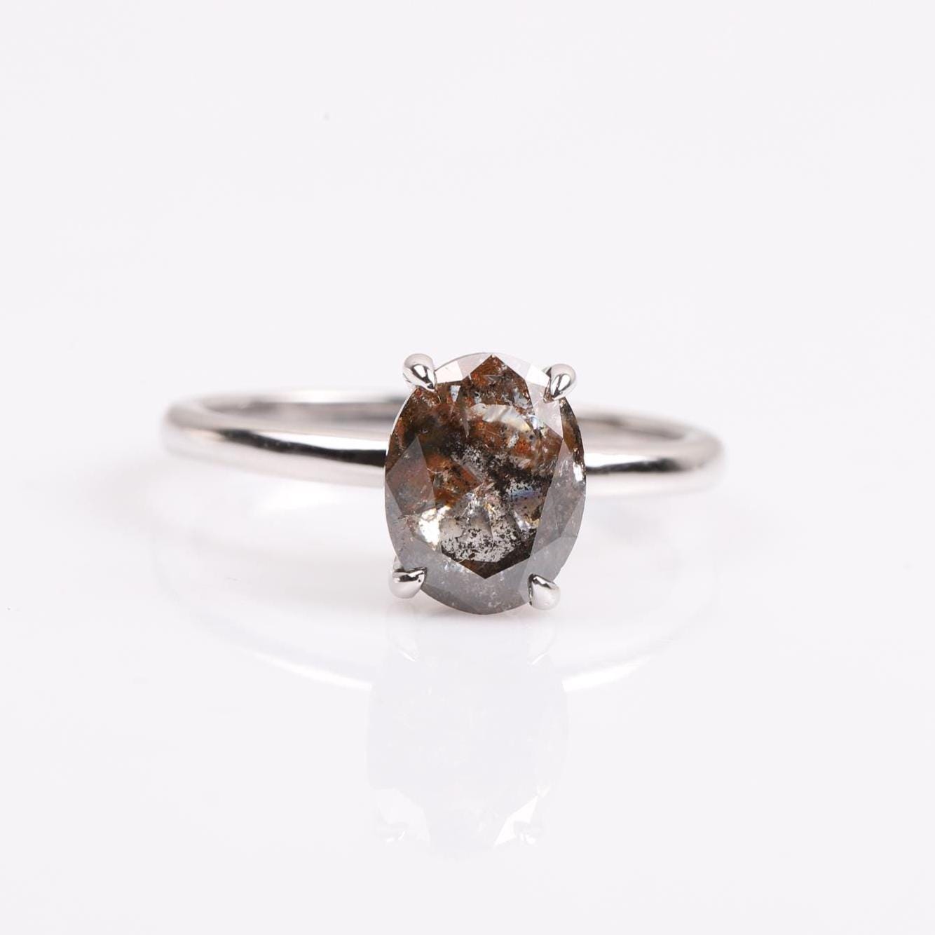 14K White Gold Oval Cut Grey Salt and Pepper Natural Diamond Engagement Ring