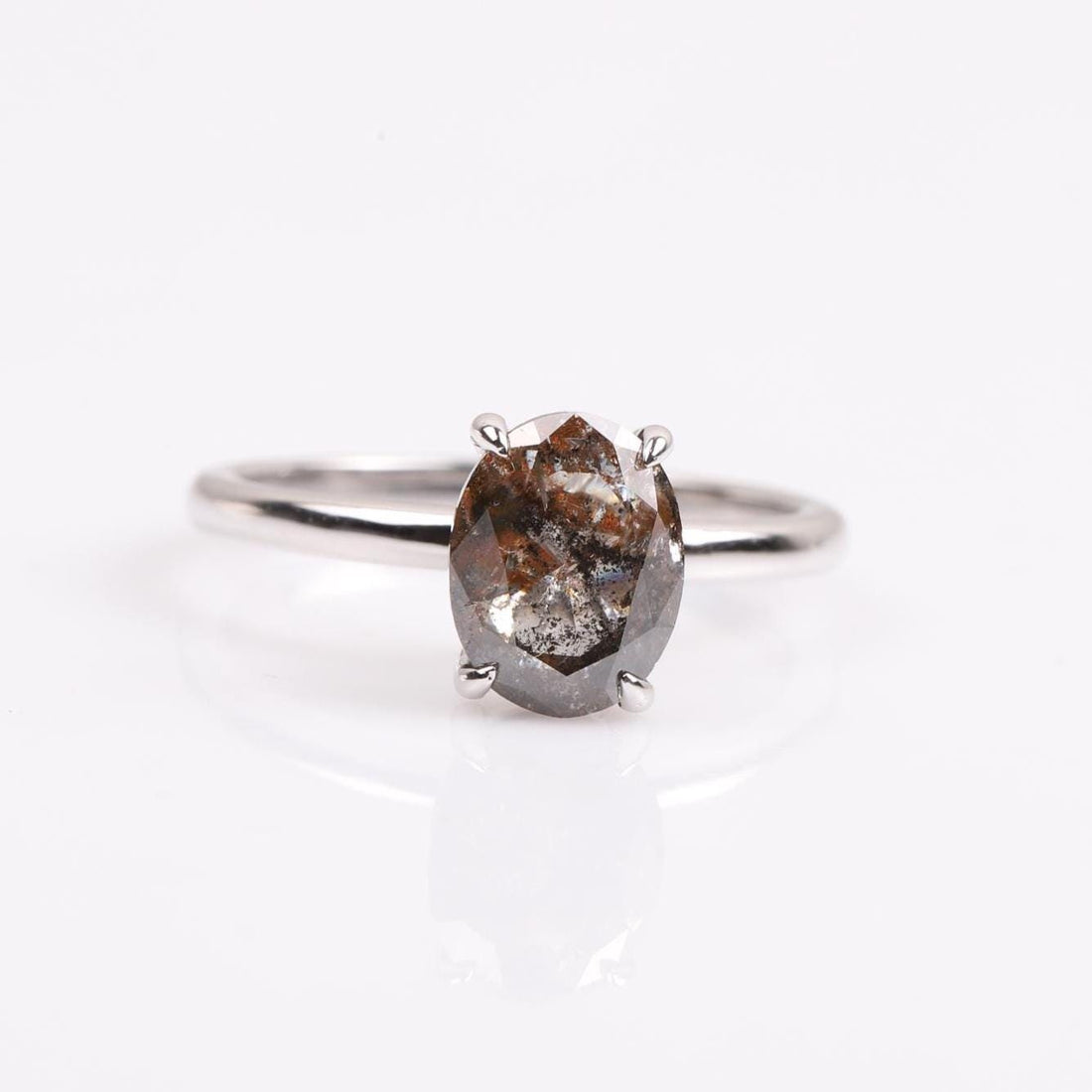14K White Gold Oval Cut Grey Salt and Pepper Natural Diamond Engagement Ring
