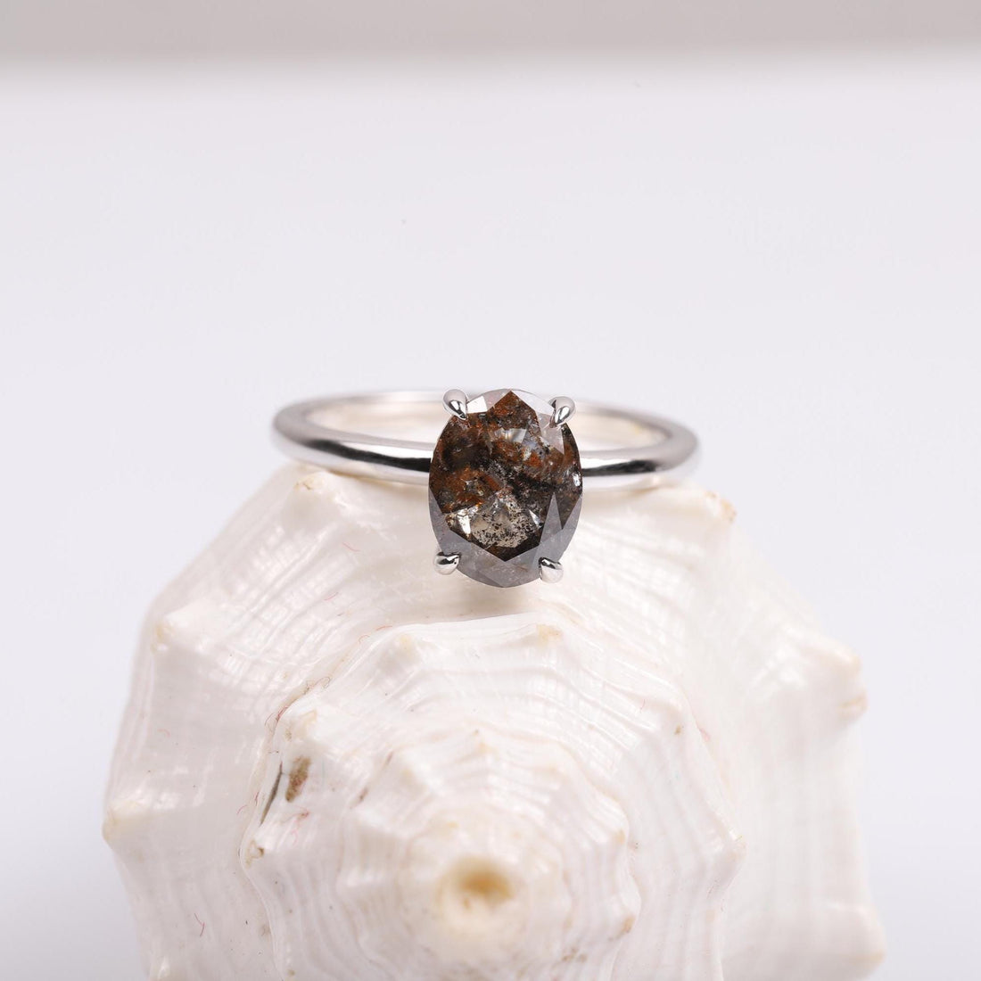 14K White Gold Oval Cut Grey Salt and Pepper Natural Diamond Engagement Ring