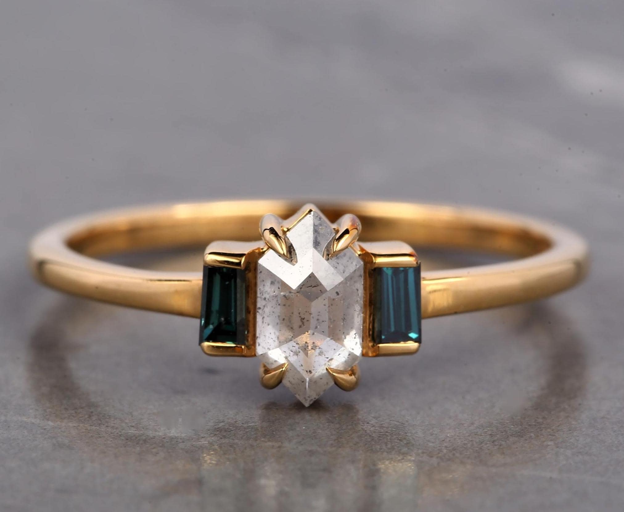 14K Rose Gold Grey Hexagon Cut Salt and Pepper Natural Diamond Promise Ring