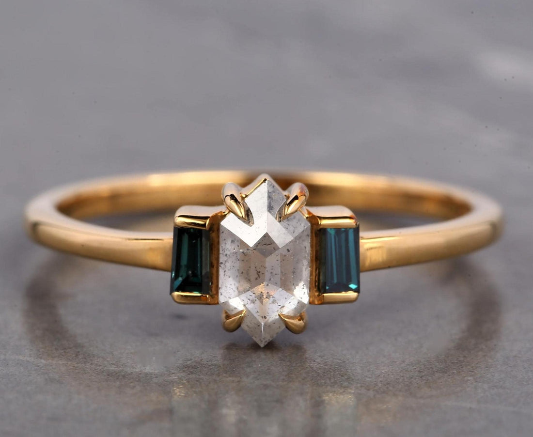 14K Rose Gold Grey Hexagon Cut Salt and Pepper Natural Diamond Promise Ring
