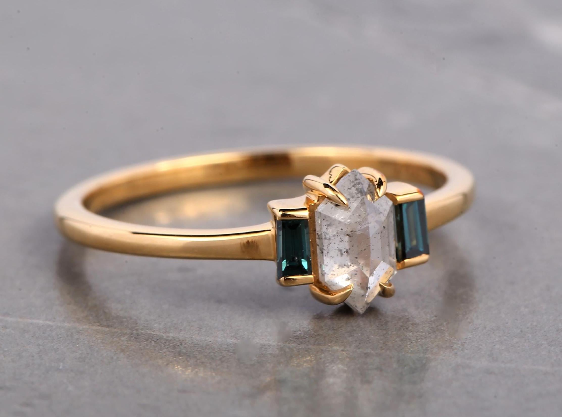 14K Rose Gold Grey Hexagon Cut Salt and Pepper Natural Diamond Promise Ring
