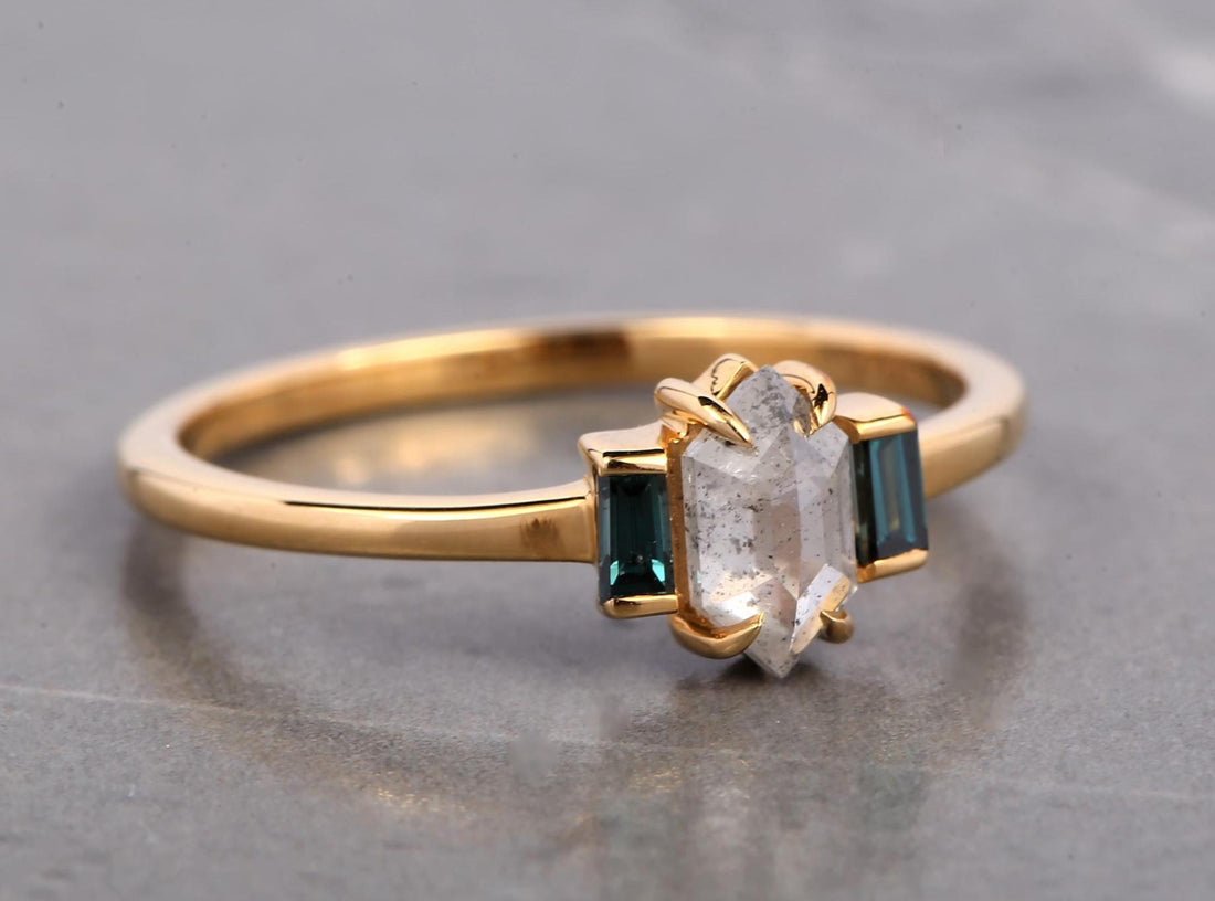 14K Rose Gold Grey Hexagon Cut Salt and Pepper Natural Diamond Promise Ring