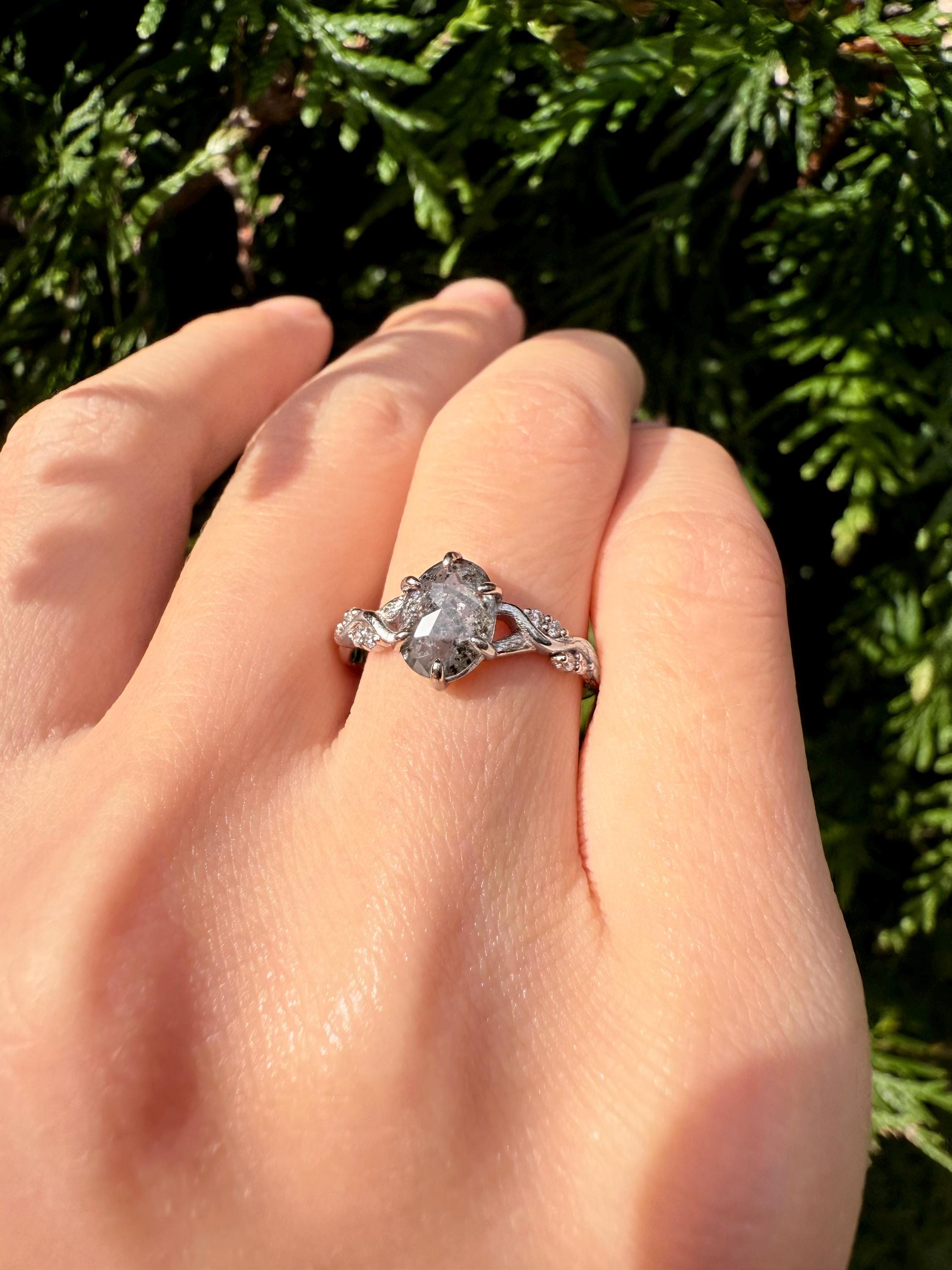 14K Rose Gold Oval Cut Grey Salt and Pepper Diamond Ring