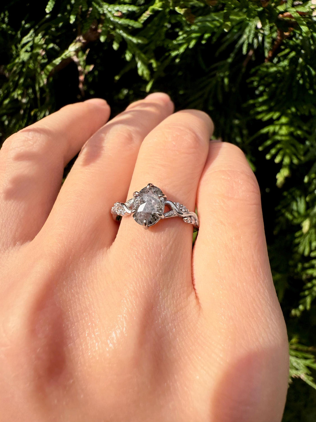 14K Rose Gold Oval Cut Grey Salt and Pepper Diamond Ring