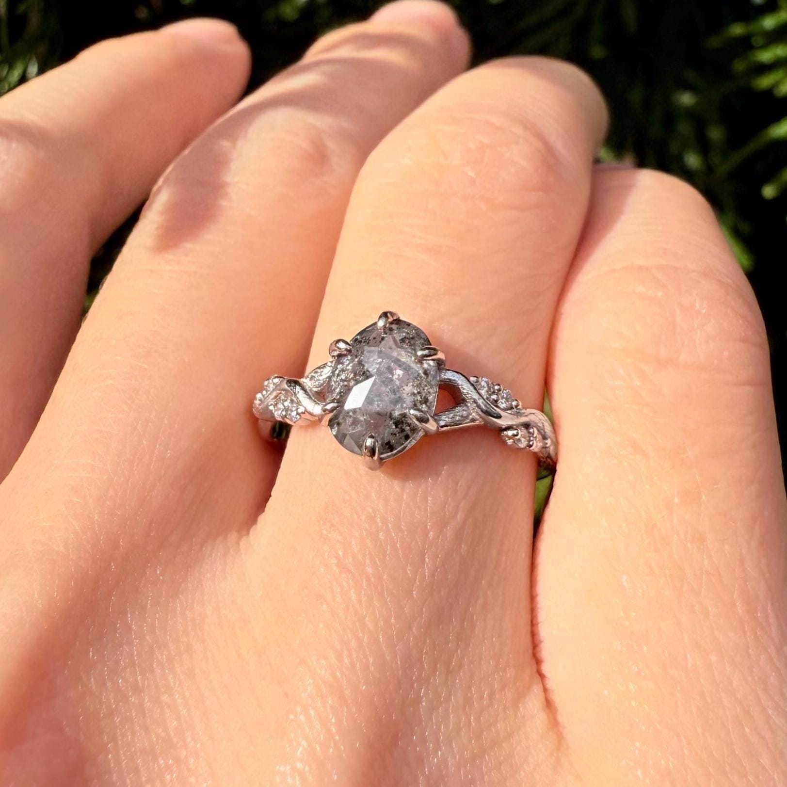 14K Rose Gold Oval Cut Grey Salt and Pepper Diamond Ring