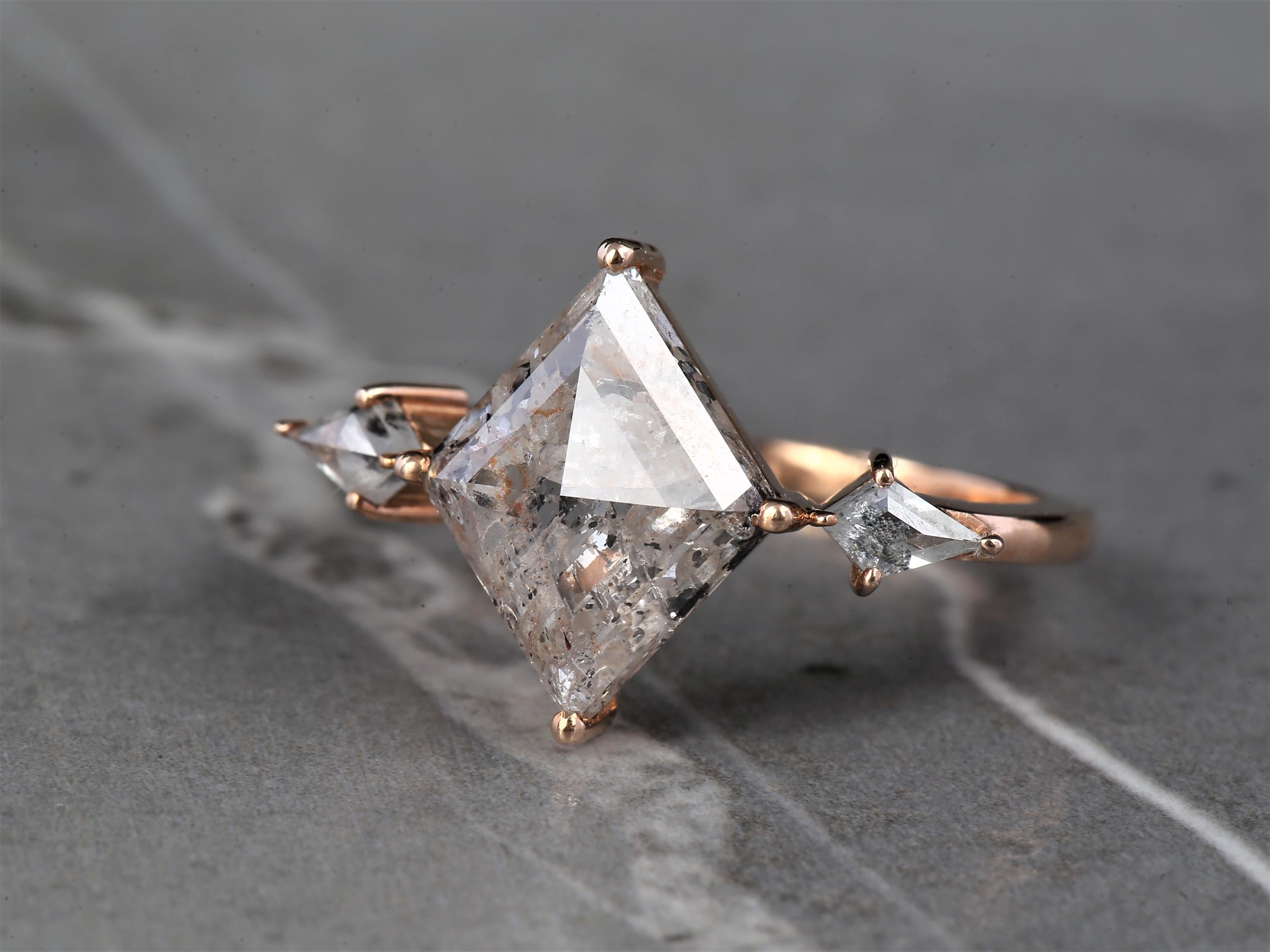14K White Gold Grey Kite Cut Salt and Pepper Natural Diamond Vintage Engagement Ring