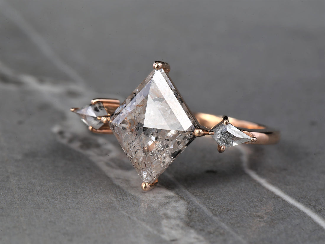 14K White Gold Grey Kite Cut Salt and Pepper Natural Diamond Vintage Engagement Ring