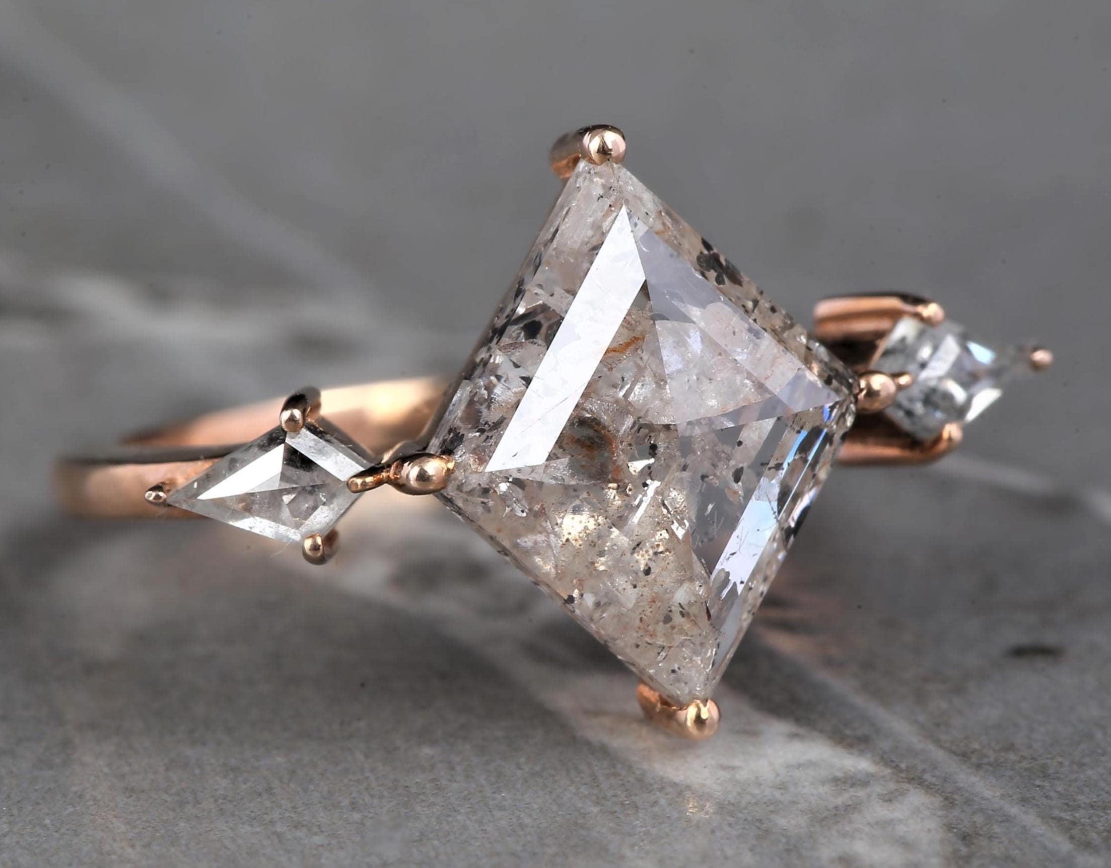 14K White Gold Grey Kite Cut Salt and Pepper Natural Diamond Vintage Engagement Ring