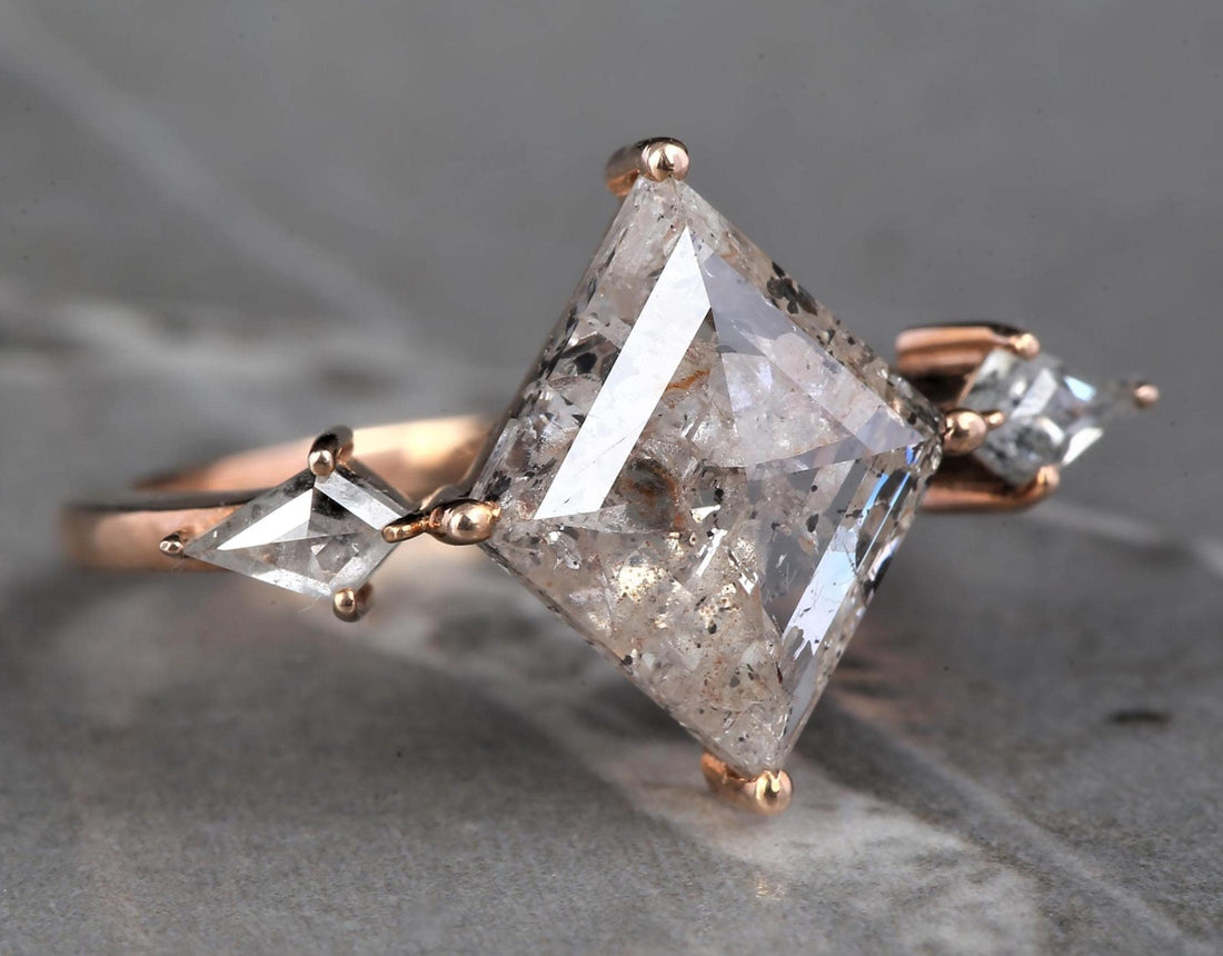 14K White Gold Grey Kite Cut Salt and Pepper Natural Diamond Vintage Engagement Ring