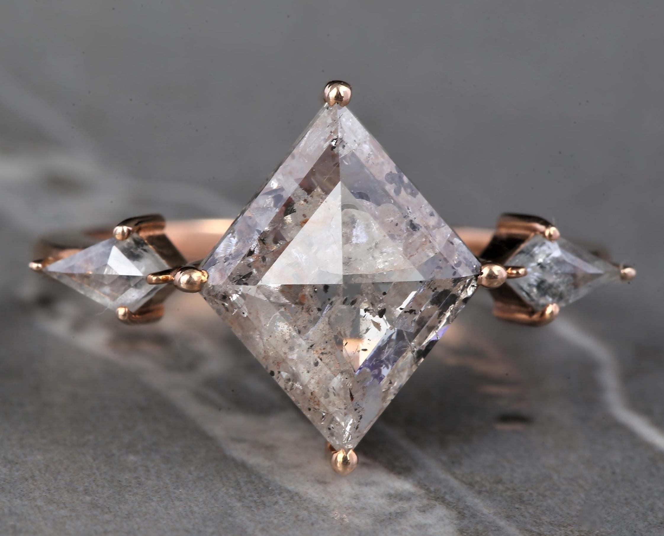 14K White Gold Grey Kite Cut Salt and Pepper Natural Diamond Vintage Engagement Ring
