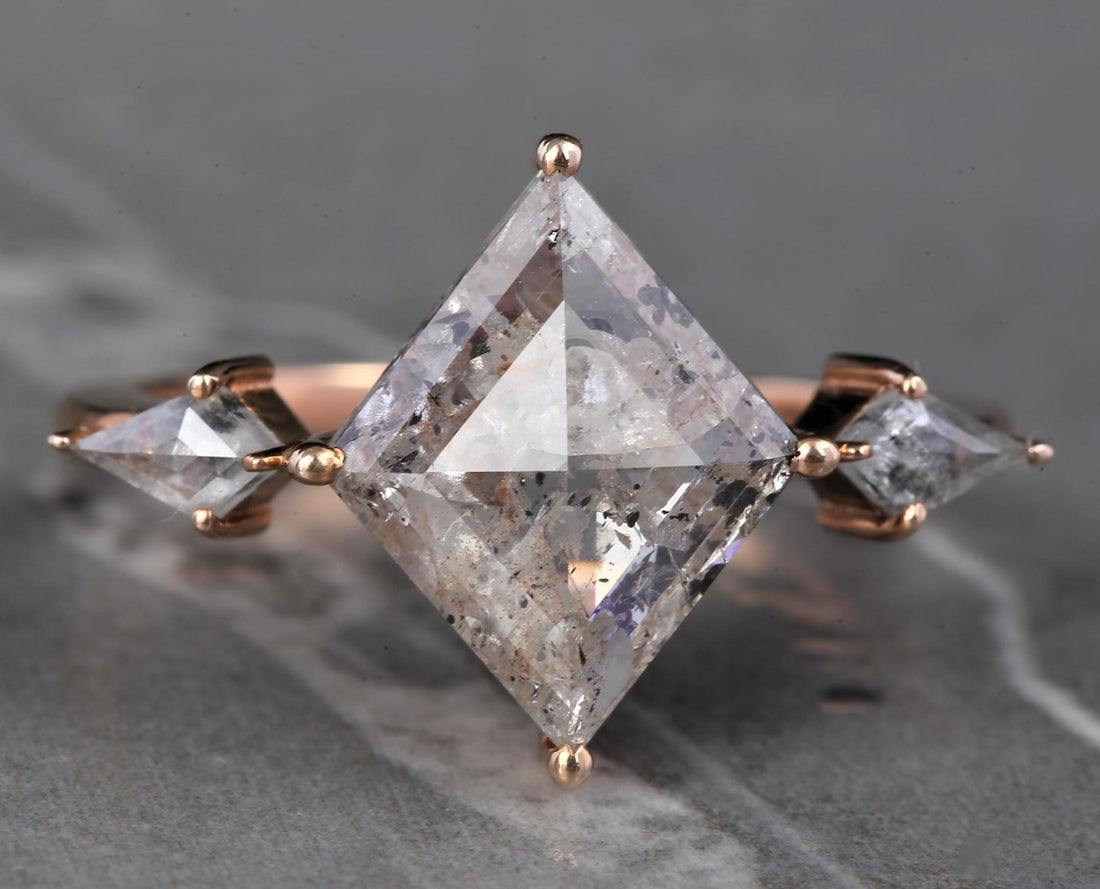 14K White Gold Grey Kite Cut Salt and Pepper Natural Diamond Vintage Engagement Ring