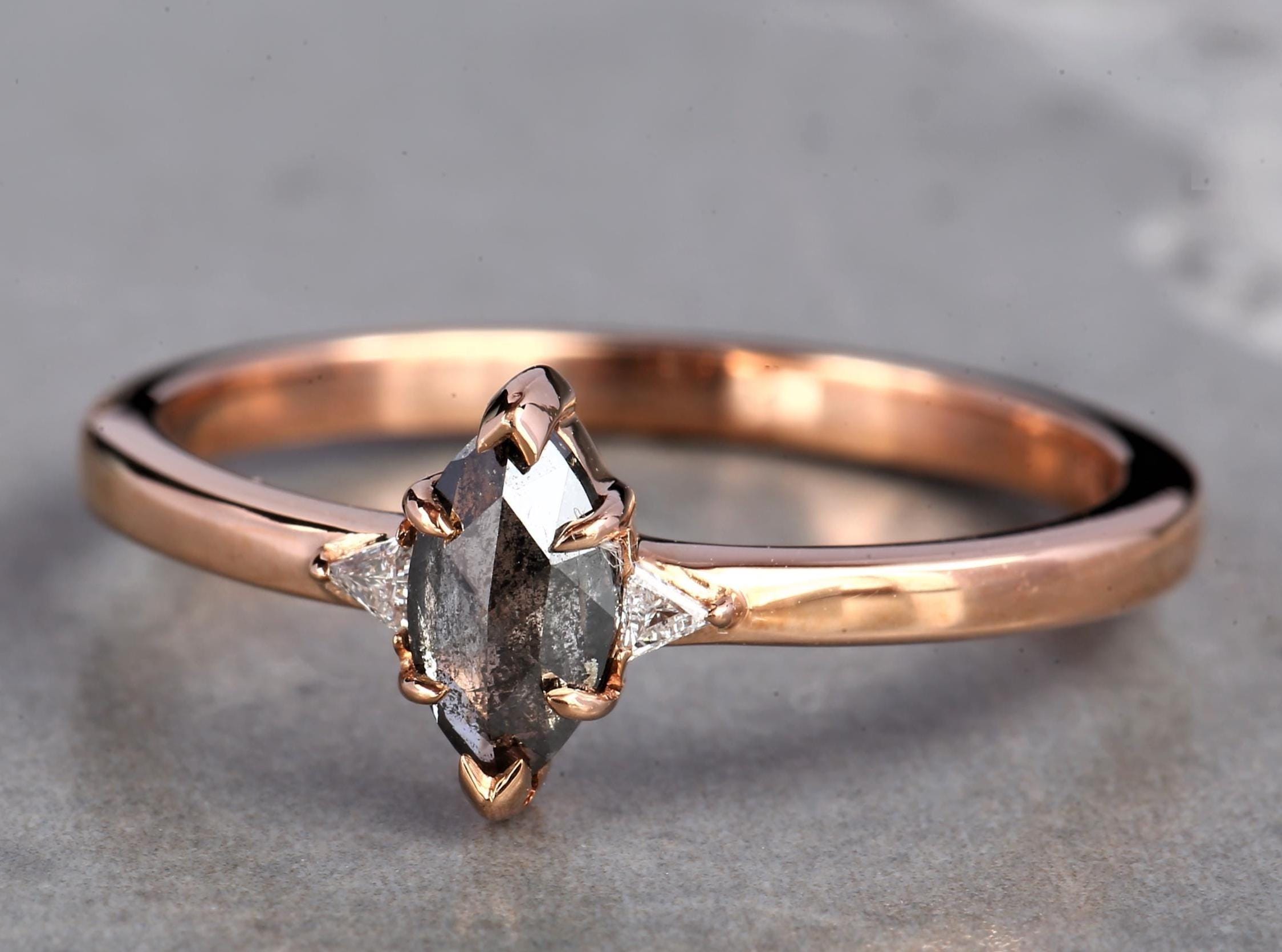 14K Yellow Gold Grey Marquise Cut Salt and Pepper Natural Diamond Wedding Ring