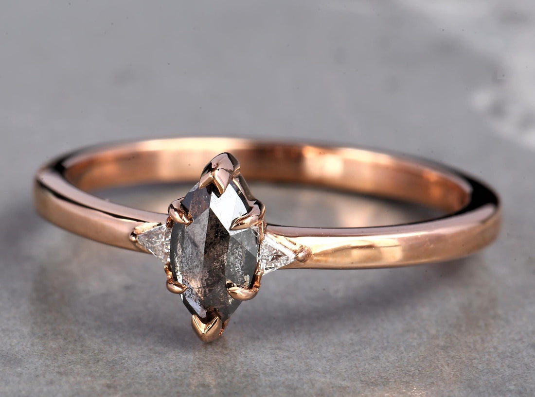 14K Yellow Gold Grey Marquise Cut Salt and Pepper Natural Diamond Wedding Ring