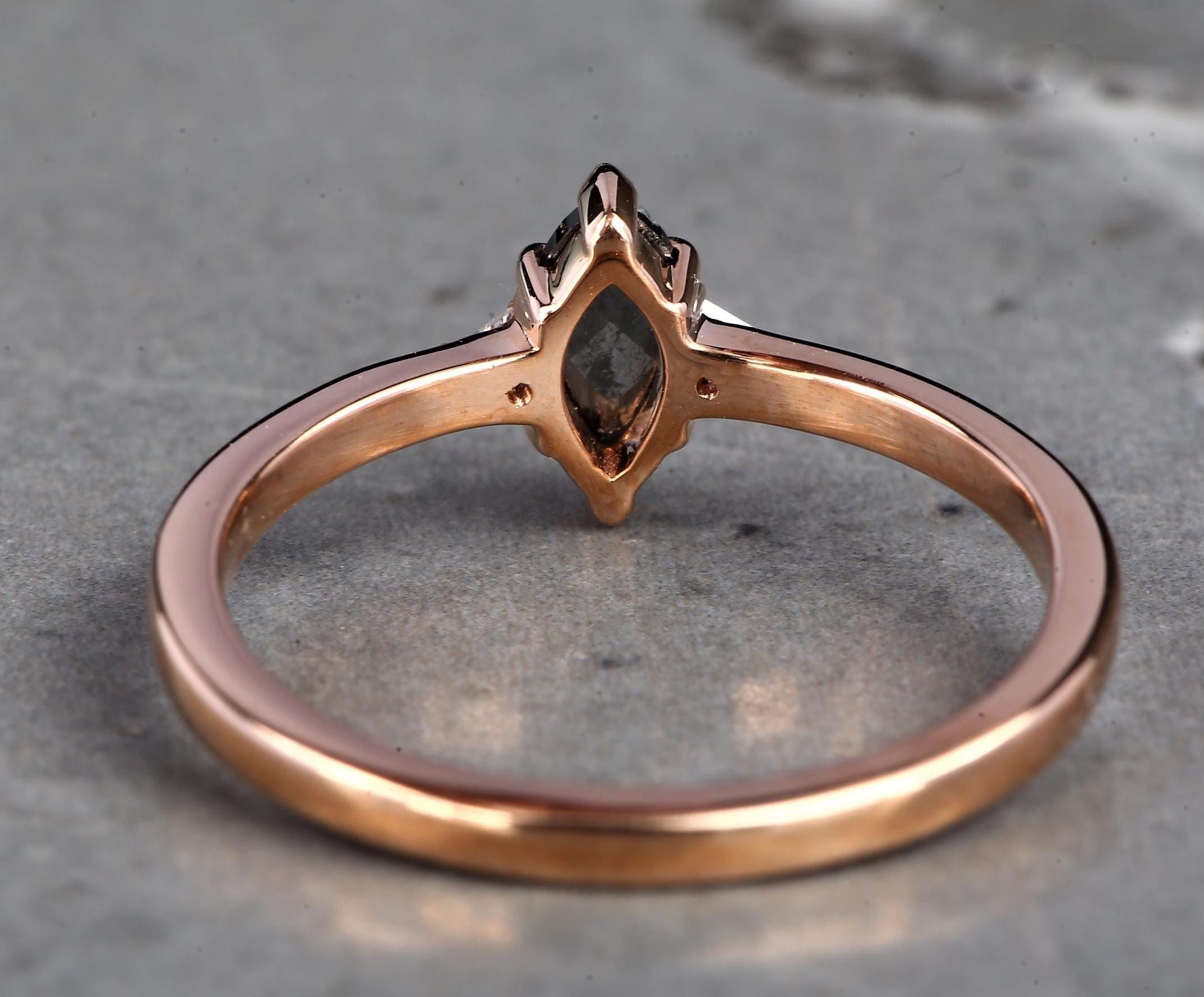 14K Yellow Gold Grey Marquise Cut Salt and Pepper Natural Diamond Wedding Ring