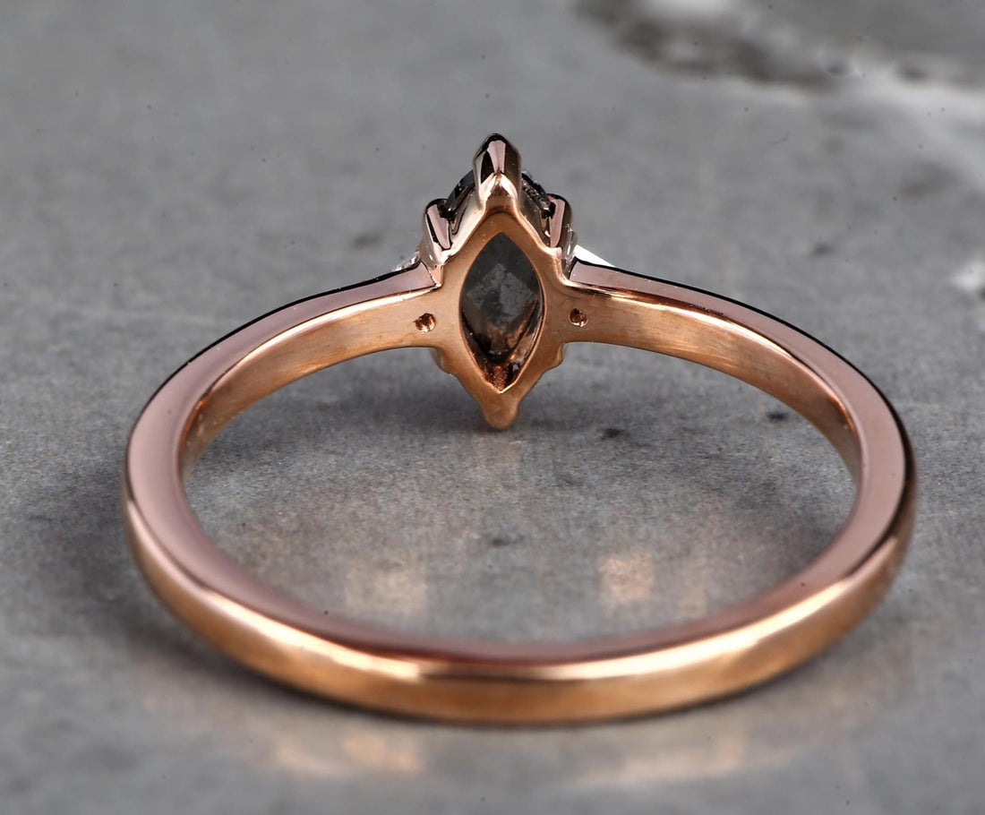 14K Yellow Gold Grey Marquise Cut Salt and Pepper Natural Diamond Wedding Ring