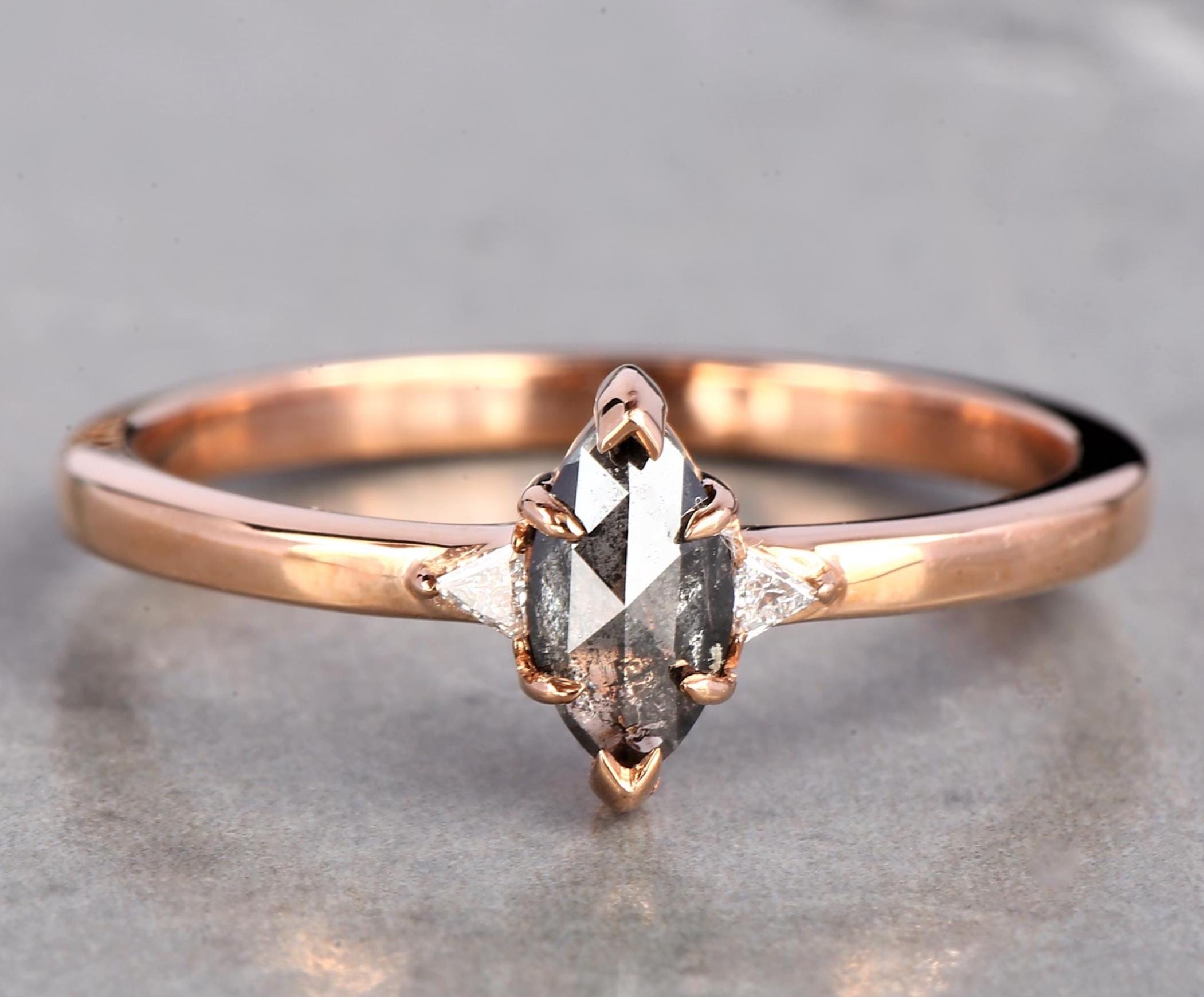 14K Yellow Gold Grey Marquise Cut Salt and Pepper Natural Diamond Wedding Ring