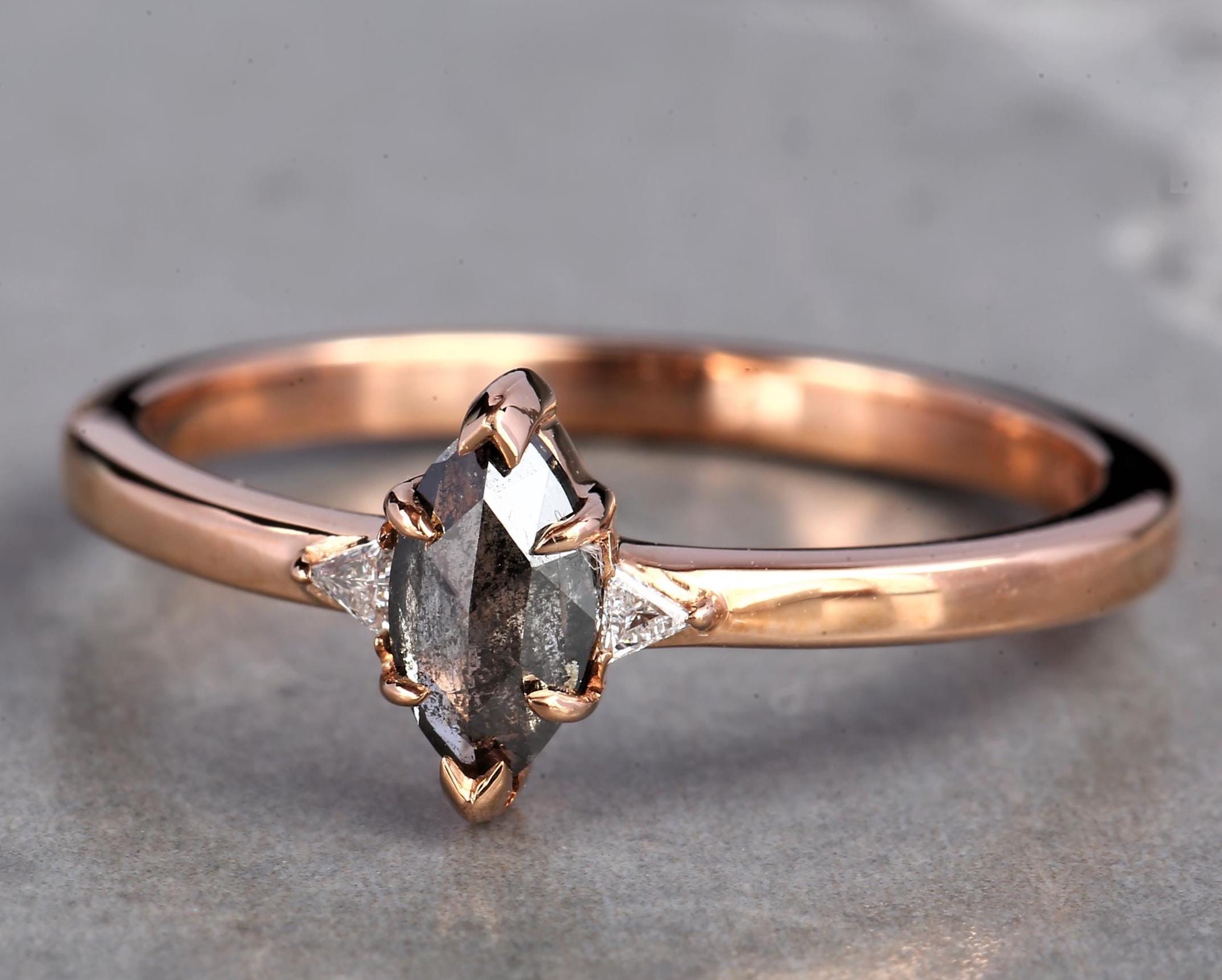 14K Yellow Gold Grey Marquise Cut Salt and Pepper Natural Diamond Wedding Ring