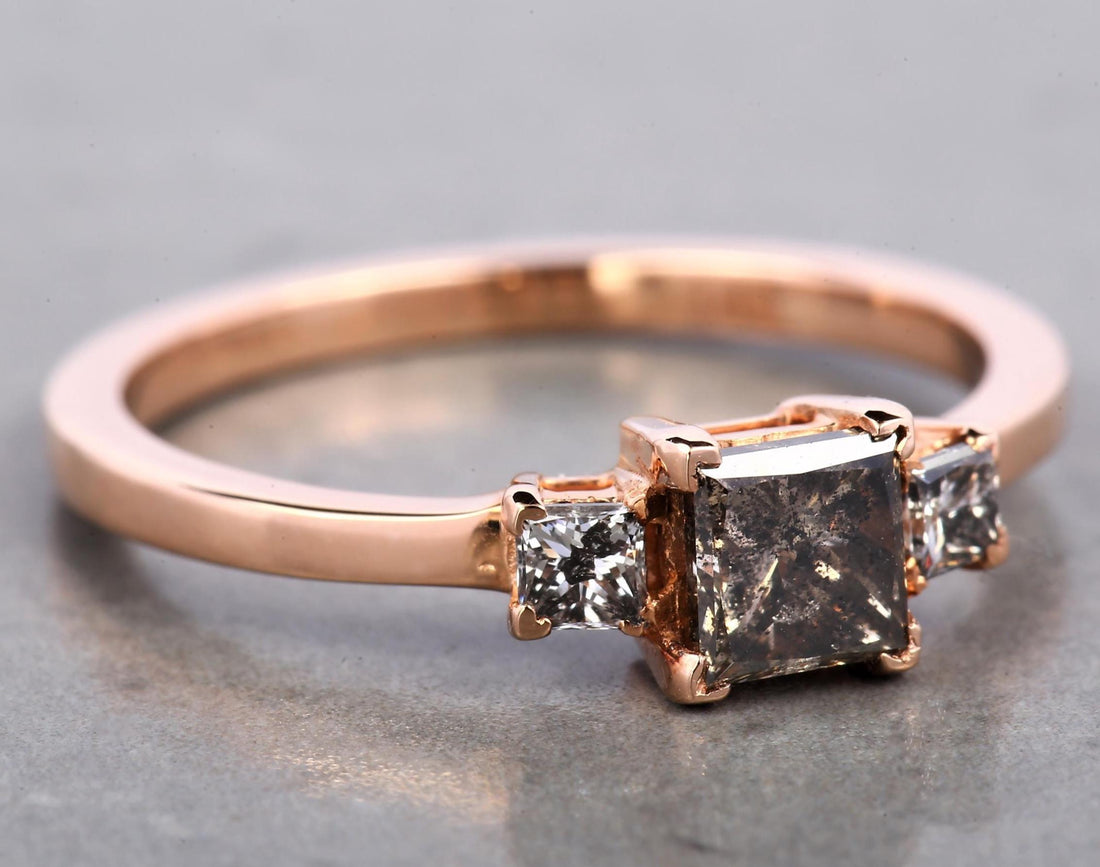 14K Rose Gold Grey Salt & Pepper Natural Princess Cut Diamond For Promise Ring