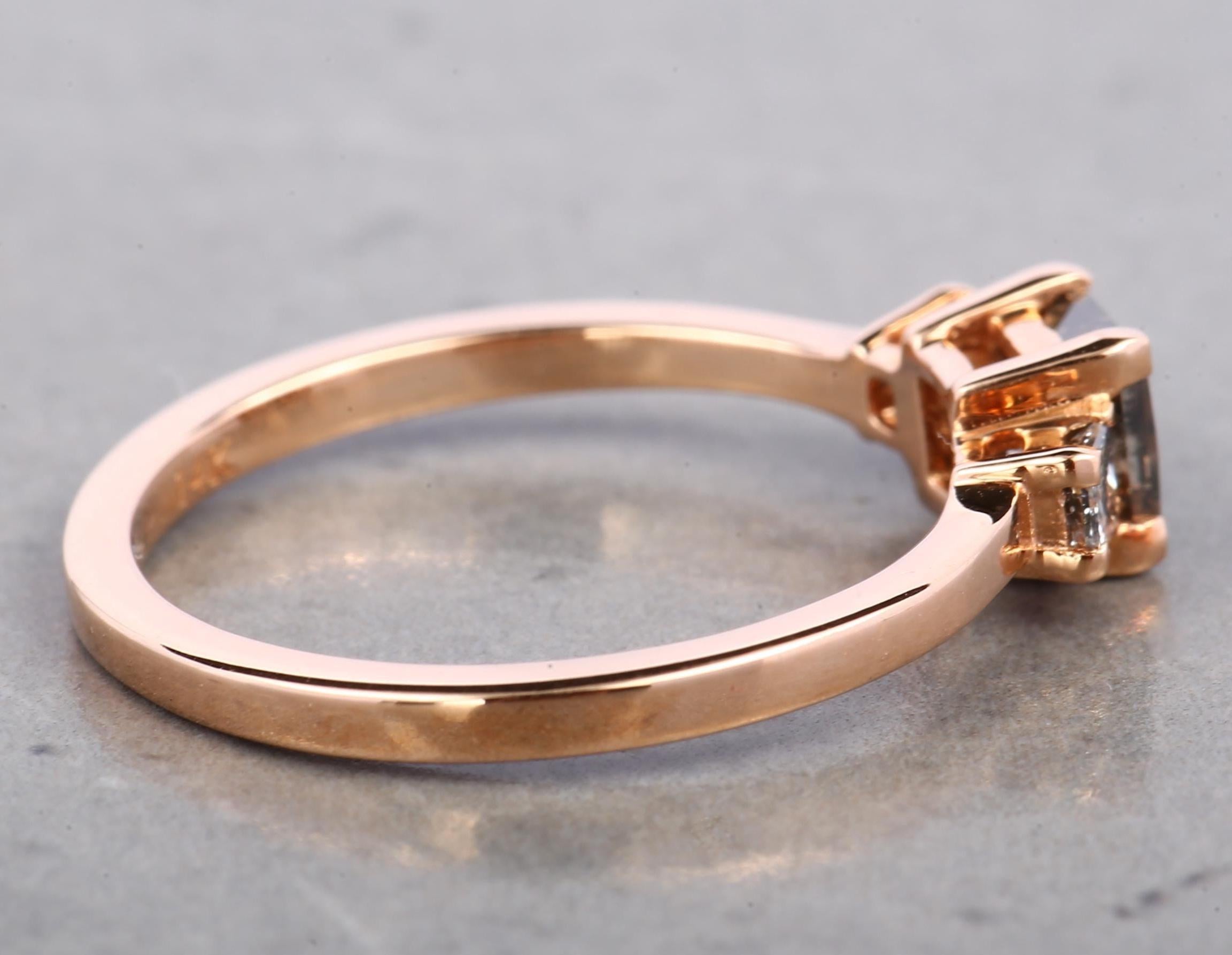 14K Rose Gold Grey Salt & Pepper Natural Princess Cut Diamond For Promise Ring