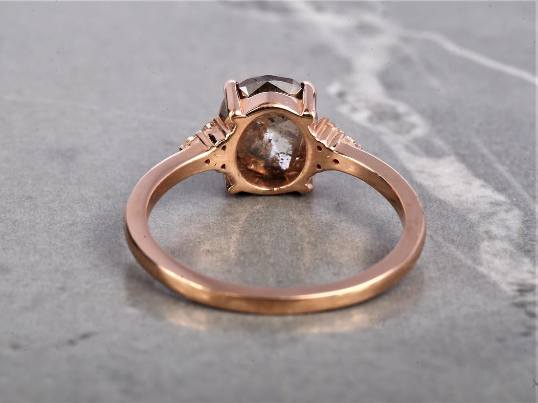 14K Rose Gold Cushion Cut Orange Grey Salt and Pepper Natural Diamond Statement Ring