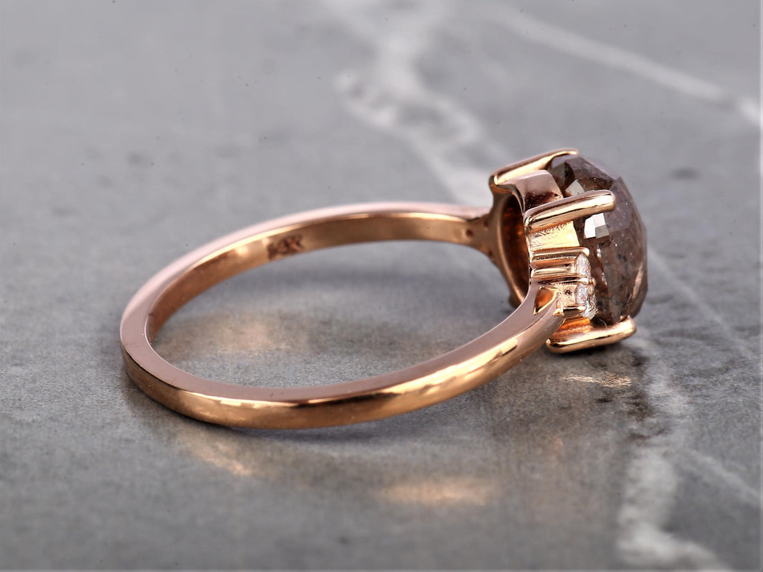 14K Rose Gold Cushion Cut Orange Grey Salt and Pepper Natural Diamond Statement Ring