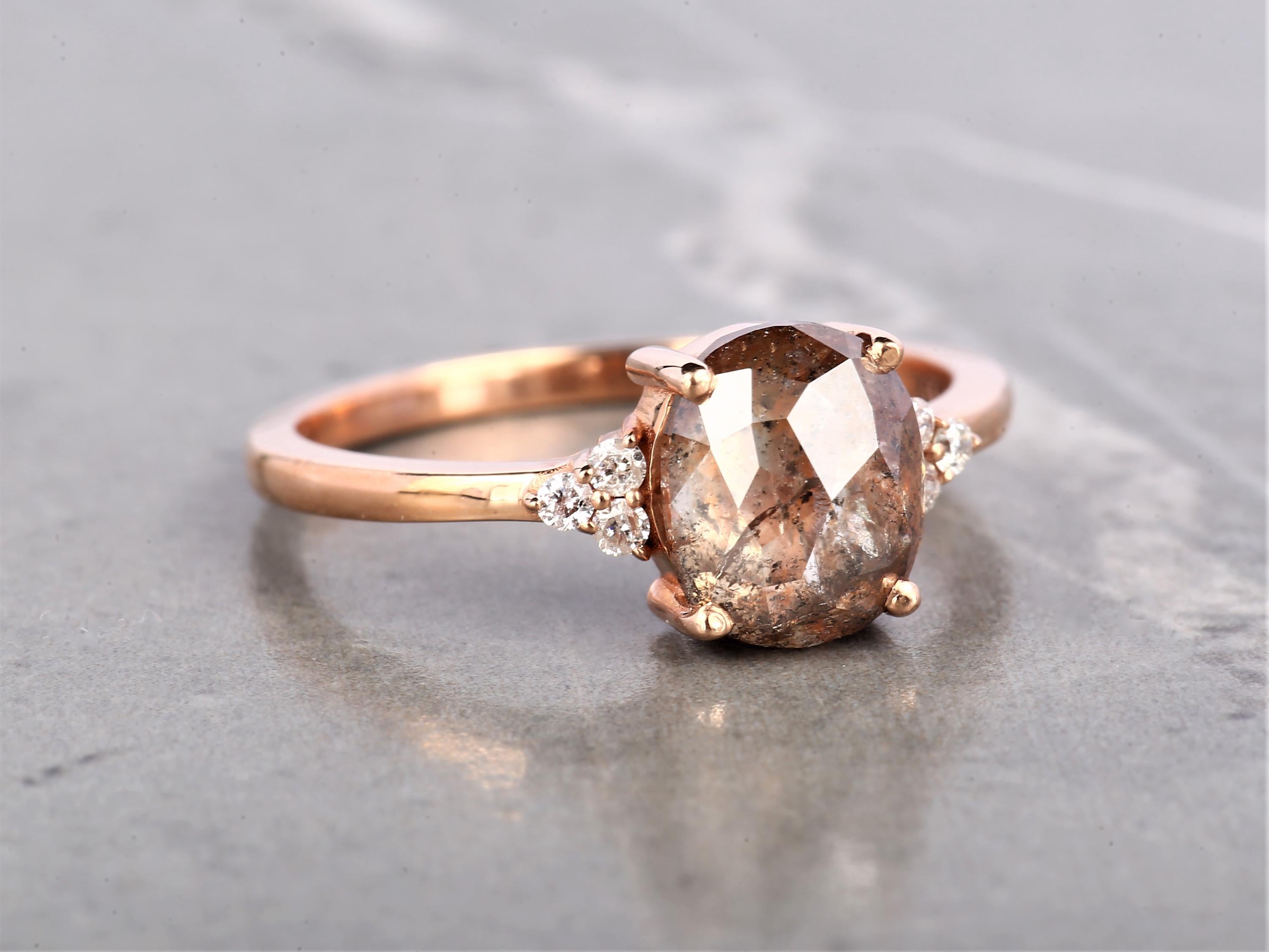 14K Rose Gold Cushion Cut Orange Grey Salt and Pepper Natural Diamond Statement Ring