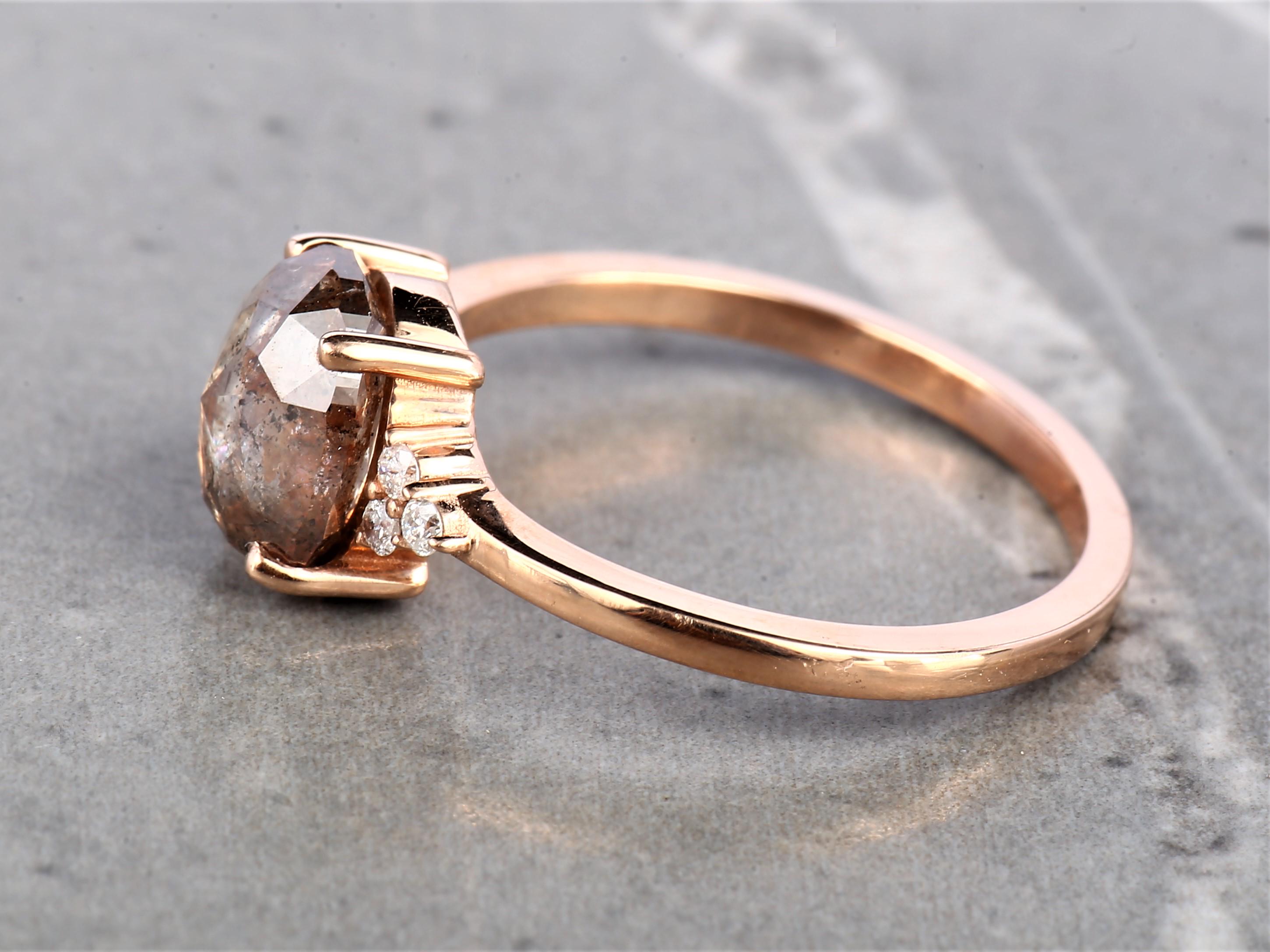 14K Rose Gold Cushion Cut Orange Grey Salt and Pepper Natural Diamond Statement Ring