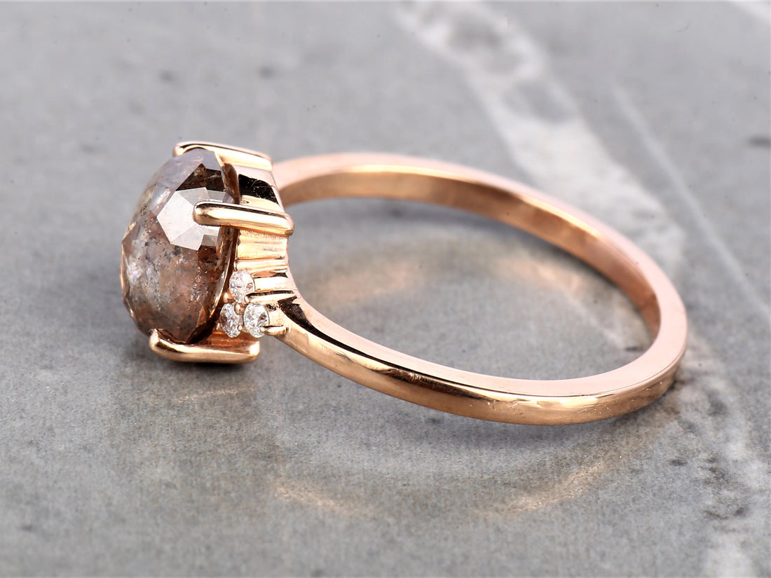 14K Rose Gold Cushion Cut Orange Grey Salt and Pepper Natural Diamond Statement Ring
