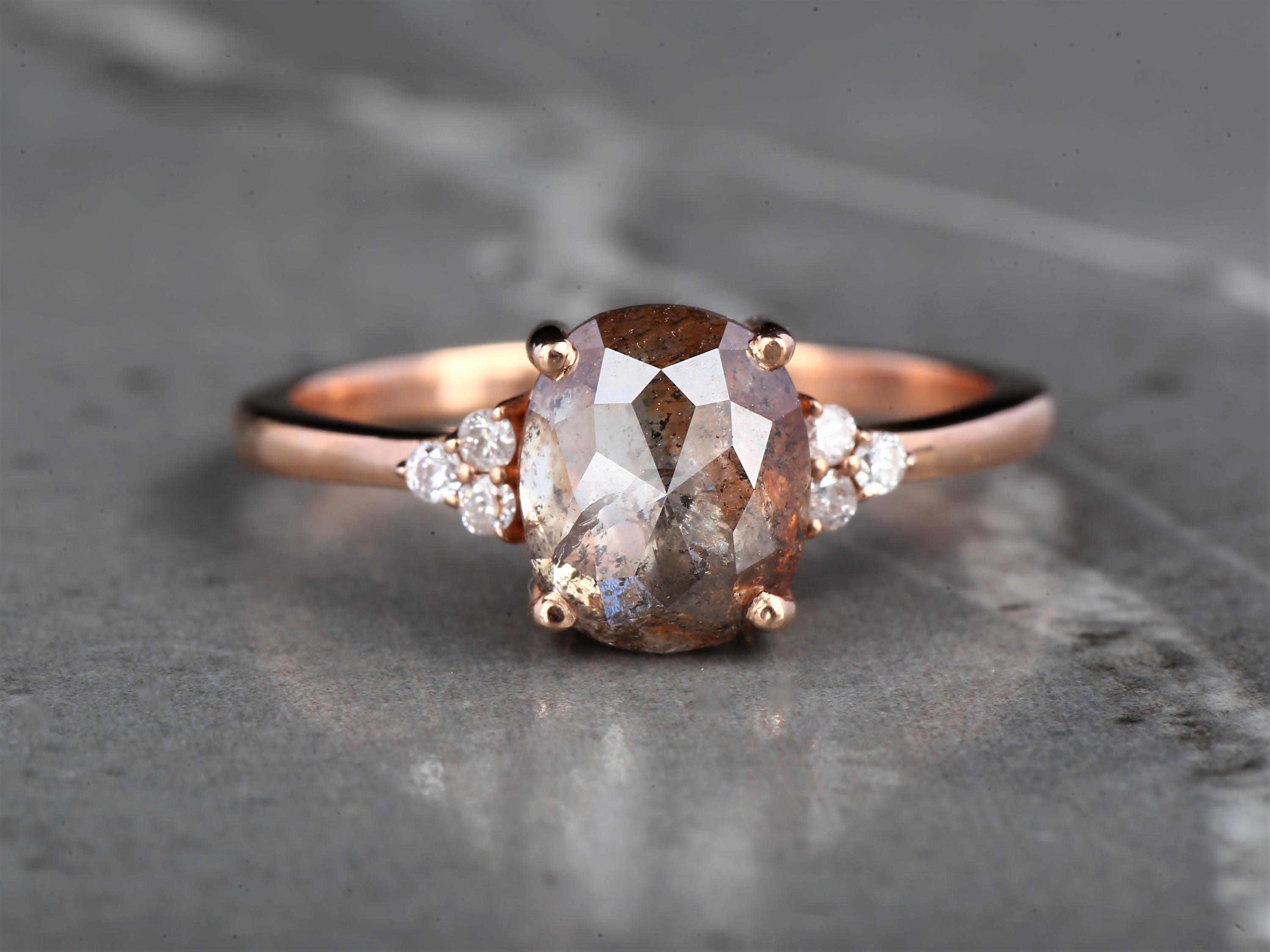 14K Rose Gold Cushion Cut Orange Grey Salt and Pepper Natural Diamond Statement Ring