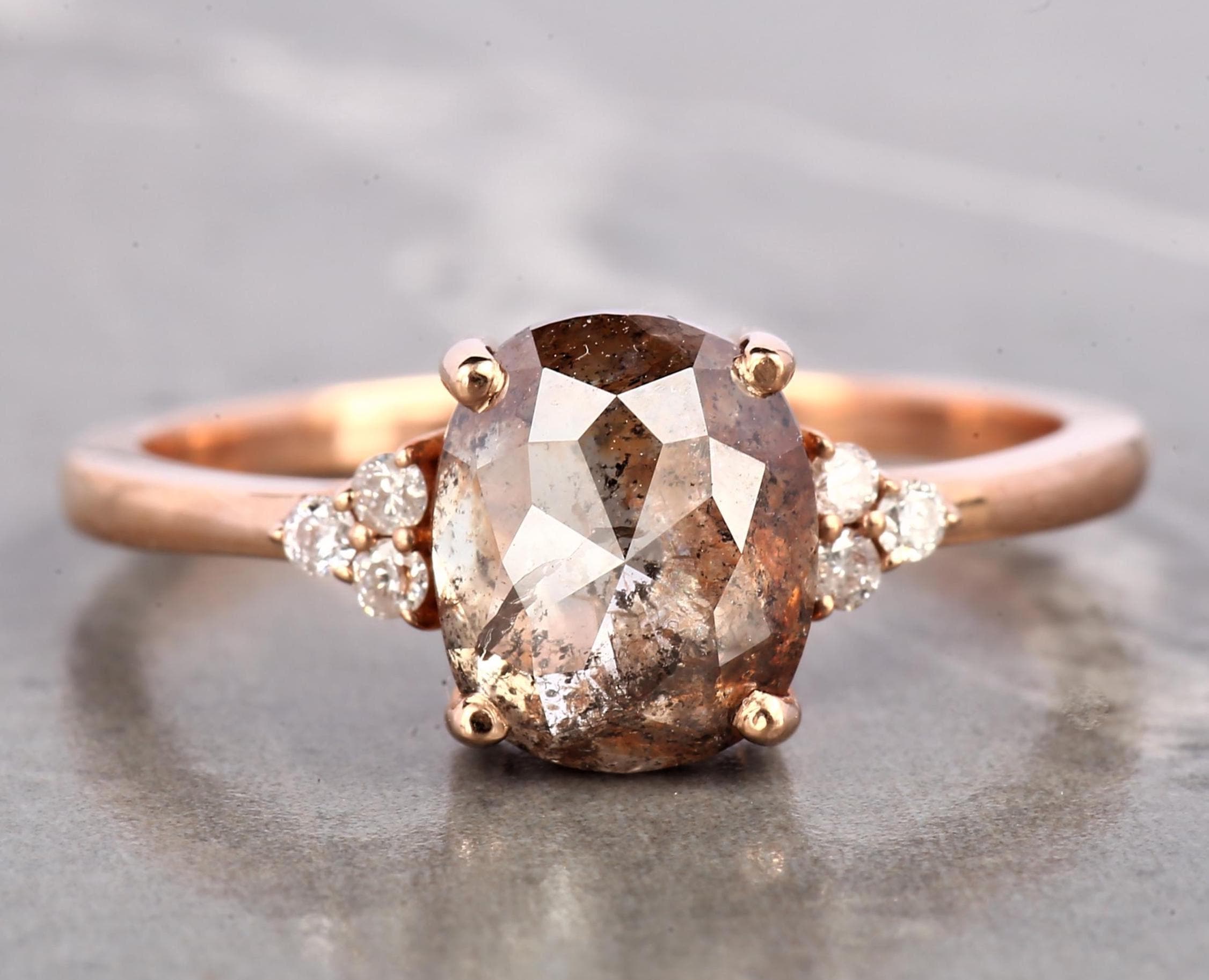 14K Rose Gold Cushion Cut Orange Grey Salt and Pepper Natural Diamond Statement Ring