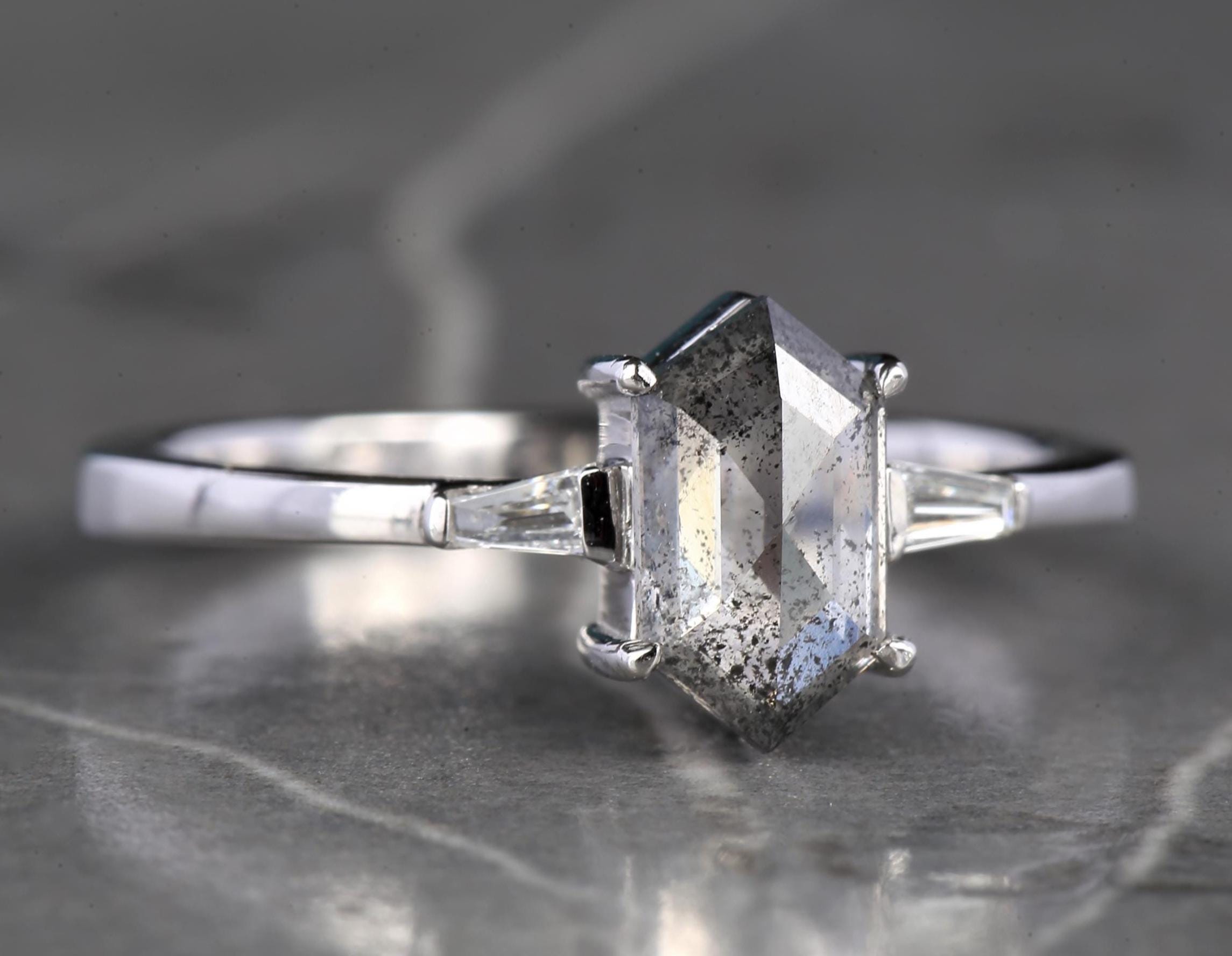 14K White Gold Grey Hexagon Cut Salt and Pepper Natural Diamond Anniversary Ring