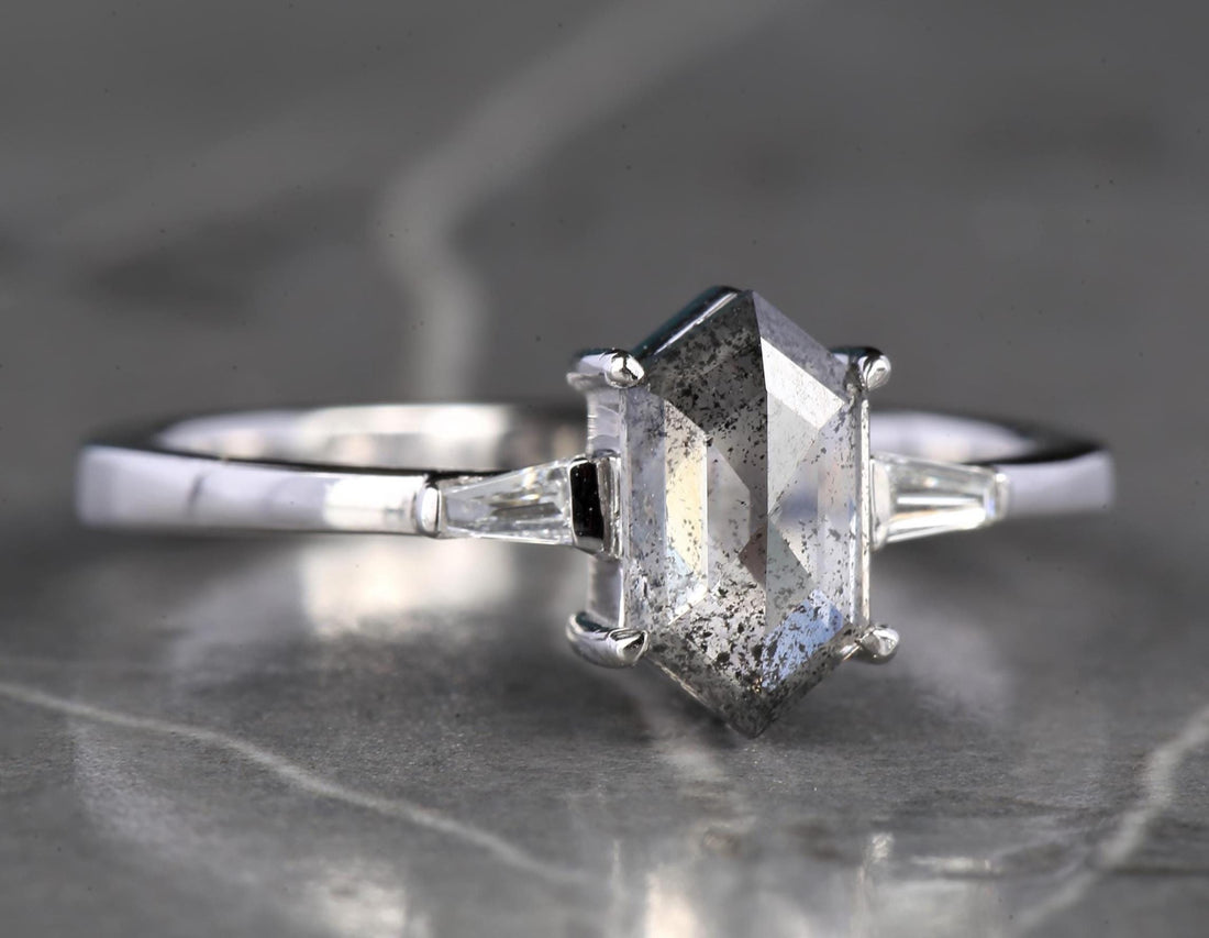 14K White Gold Grey Hexagon Cut Salt and Pepper Natural Diamond Anniversary Ring
