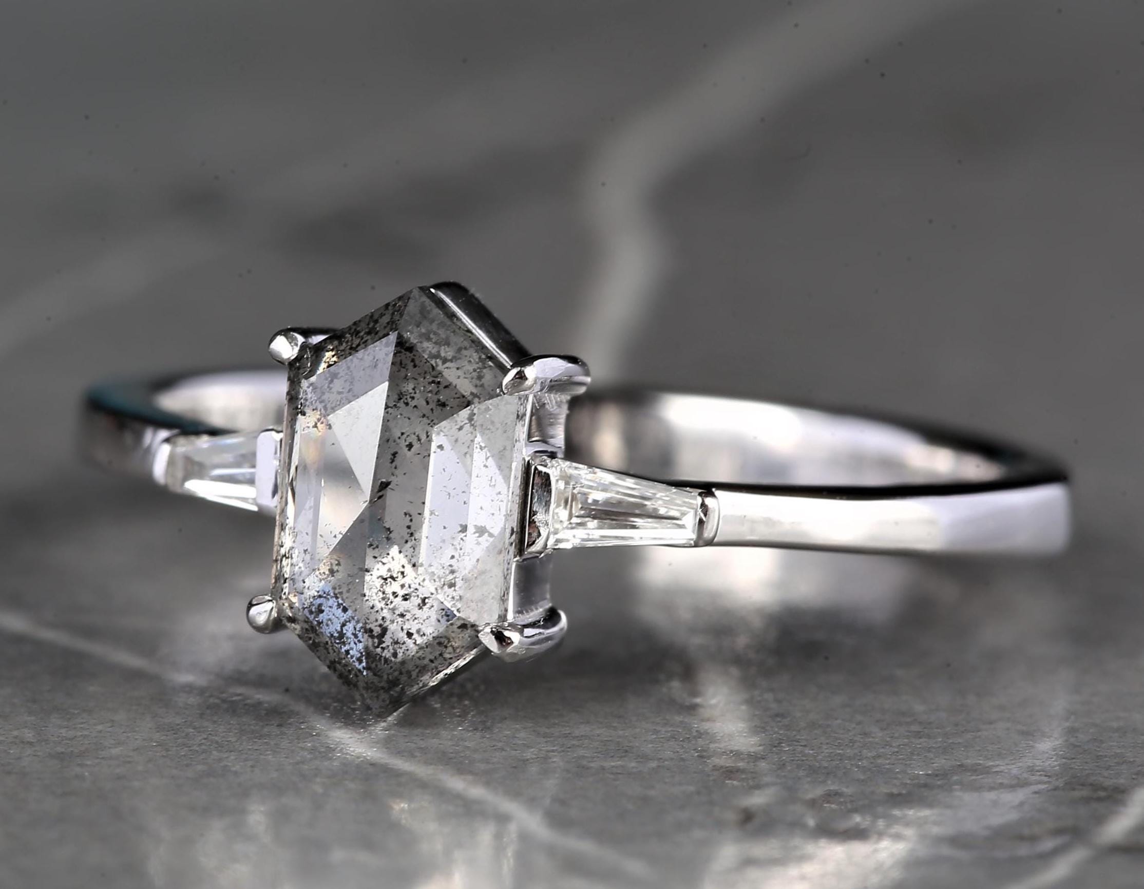 14K White Gold Grey Hexagon Cut Salt and Pepper Natural Diamond Anniversary Ring