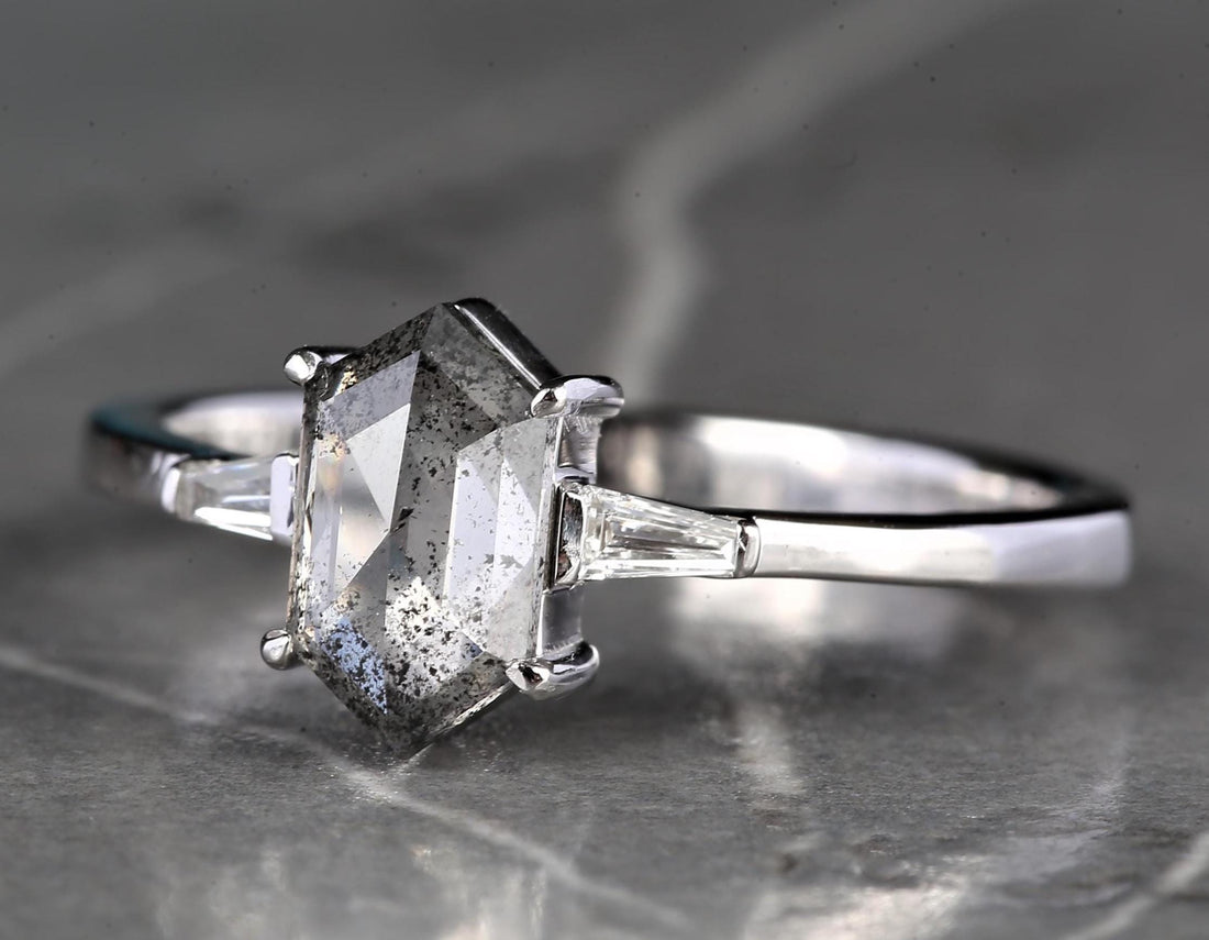 14K White Gold Grey Hexagon Cut Salt and Pepper Natural Diamond Anniversary Ring