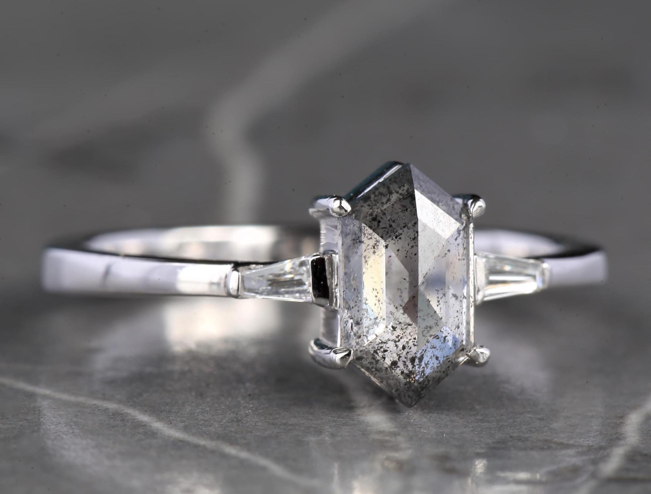 14K White Gold Grey Hexagon Cut Salt and Pepper Natural Diamond Anniversary Ring