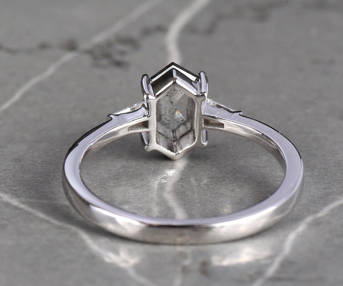 14K White Gold Grey Hexagon Cut Salt and Pepper Natural Diamond Anniversary Ring