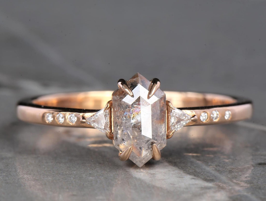 14K Rose Gold Grey Salt and Pepper Natural Hexagon Cut Diamond Wedding Ring