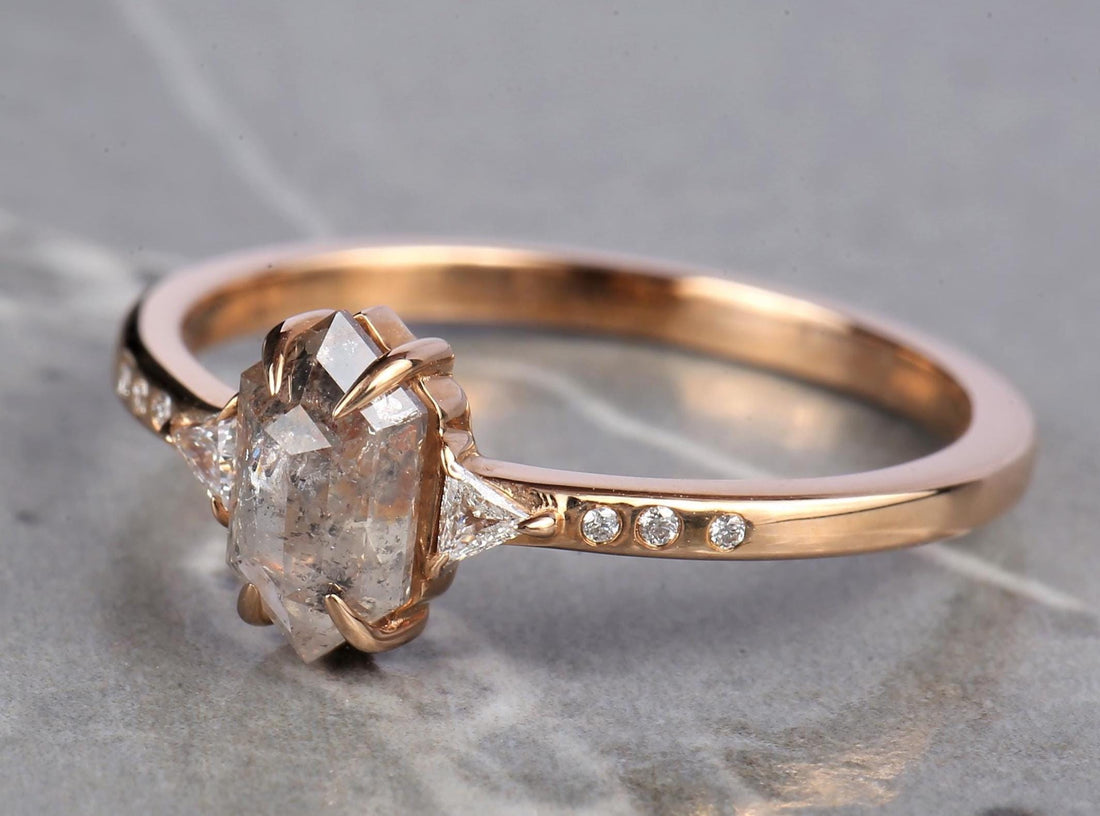 14K Rose Gold Grey Salt and Pepper Natural Hexagon Cut Diamond Wedding Ring