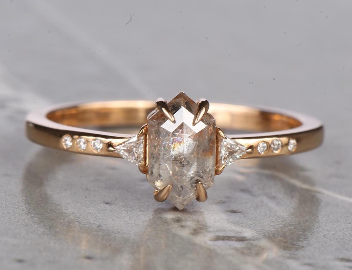 14K Rose Gold Grey Salt and Pepper Natural Hexagon Cut Diamond Wedding Ring