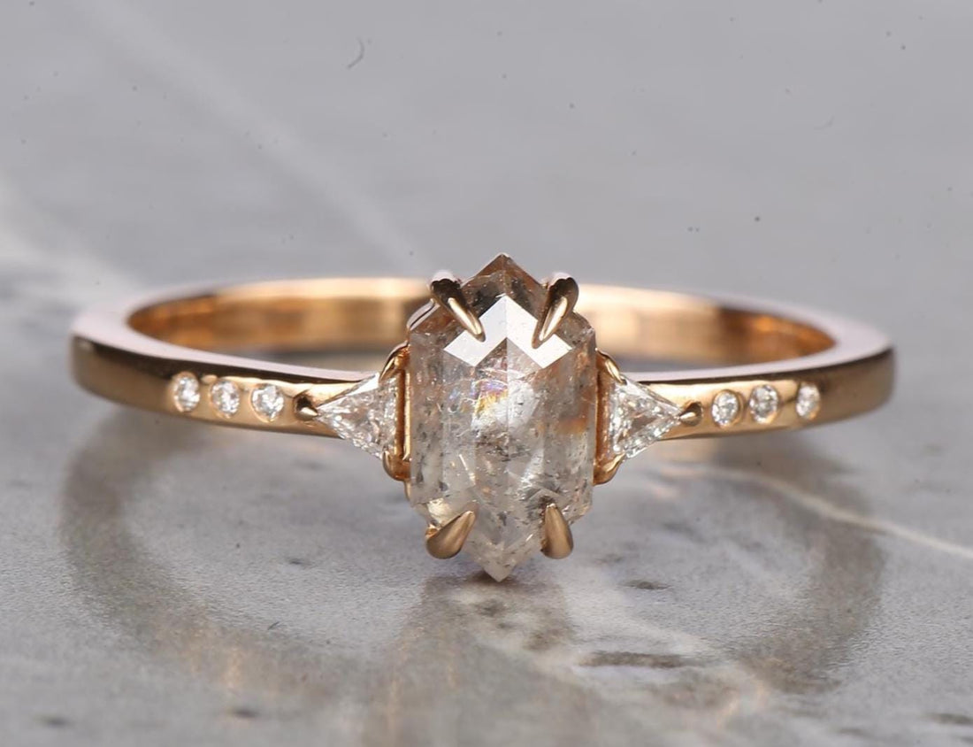 14K Rose Gold Grey Salt and Pepper Natural Hexagon Cut Diamond Wedding Ring