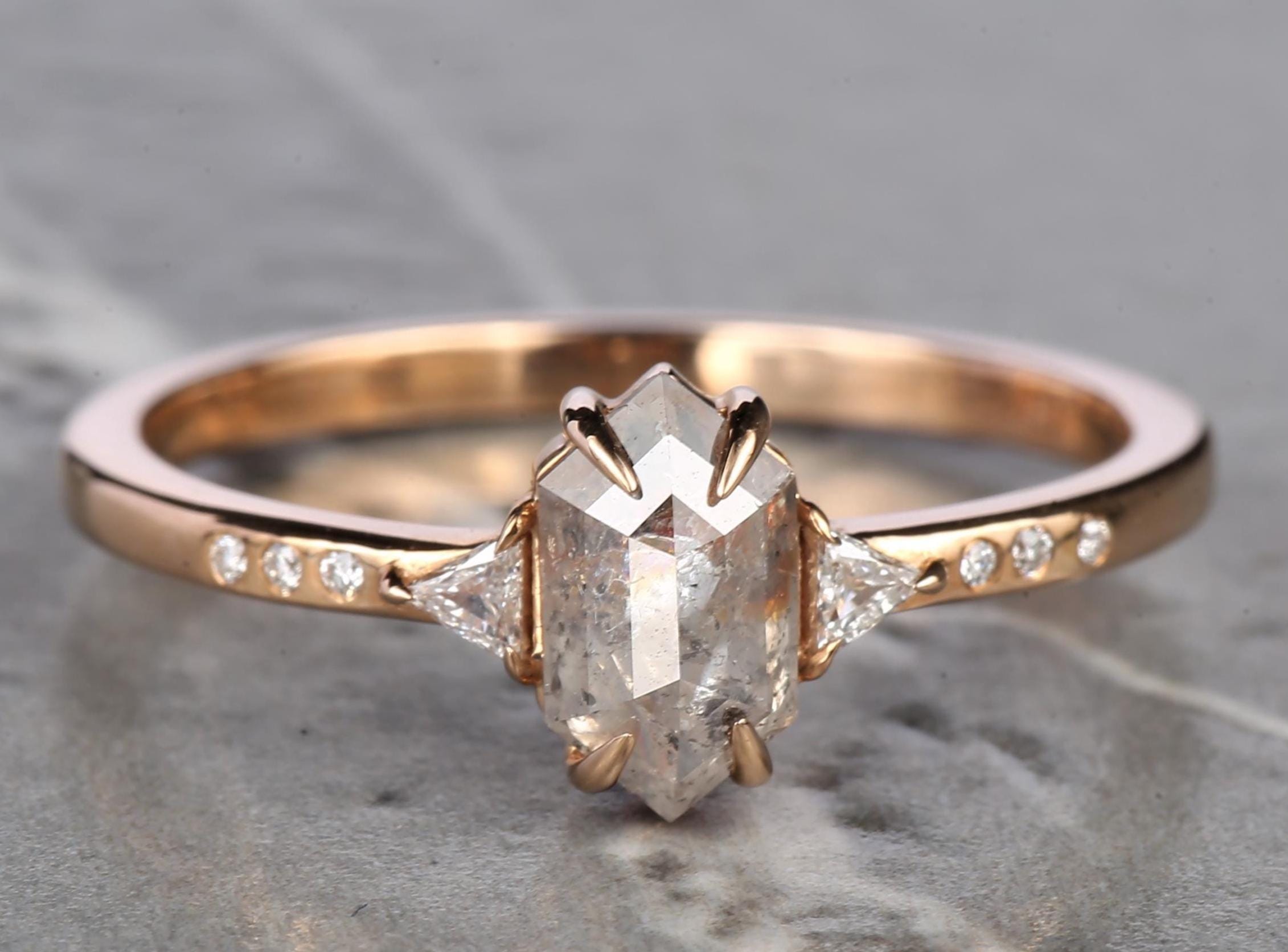 14K Rose Gold Grey Salt and Pepper Natural Hexagon Cut Diamond Wedding Ring