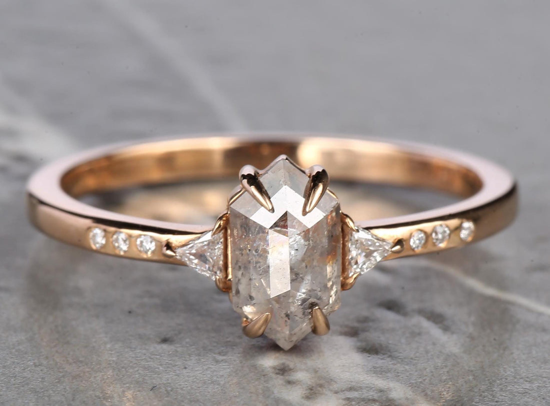 14K Rose Gold Grey Salt and Pepper Natural Hexagon Cut Diamond Wedding Ring
