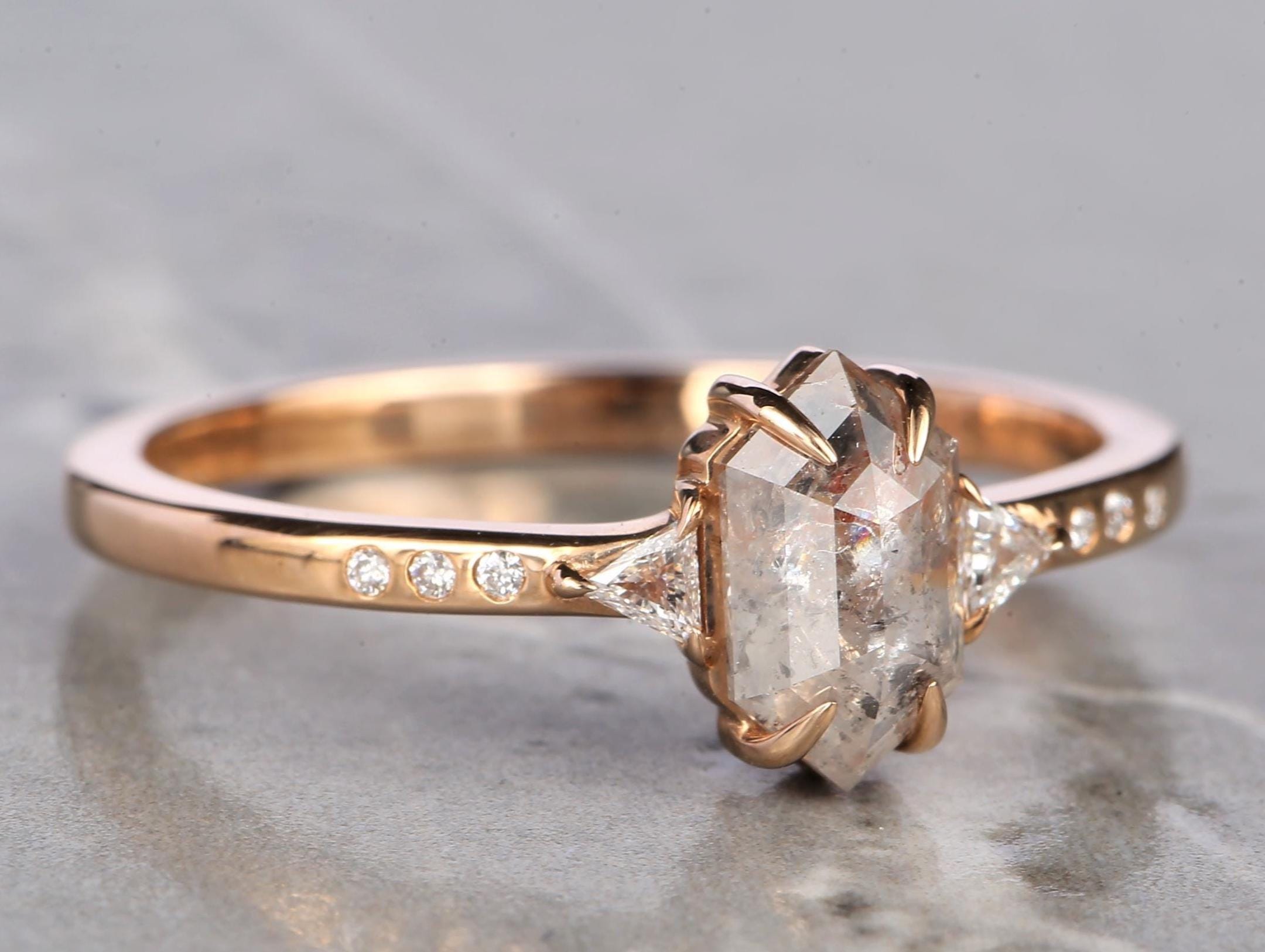 14K Rose Gold Grey Salt and Pepper Natural Hexagon Cut Diamond Wedding Ring