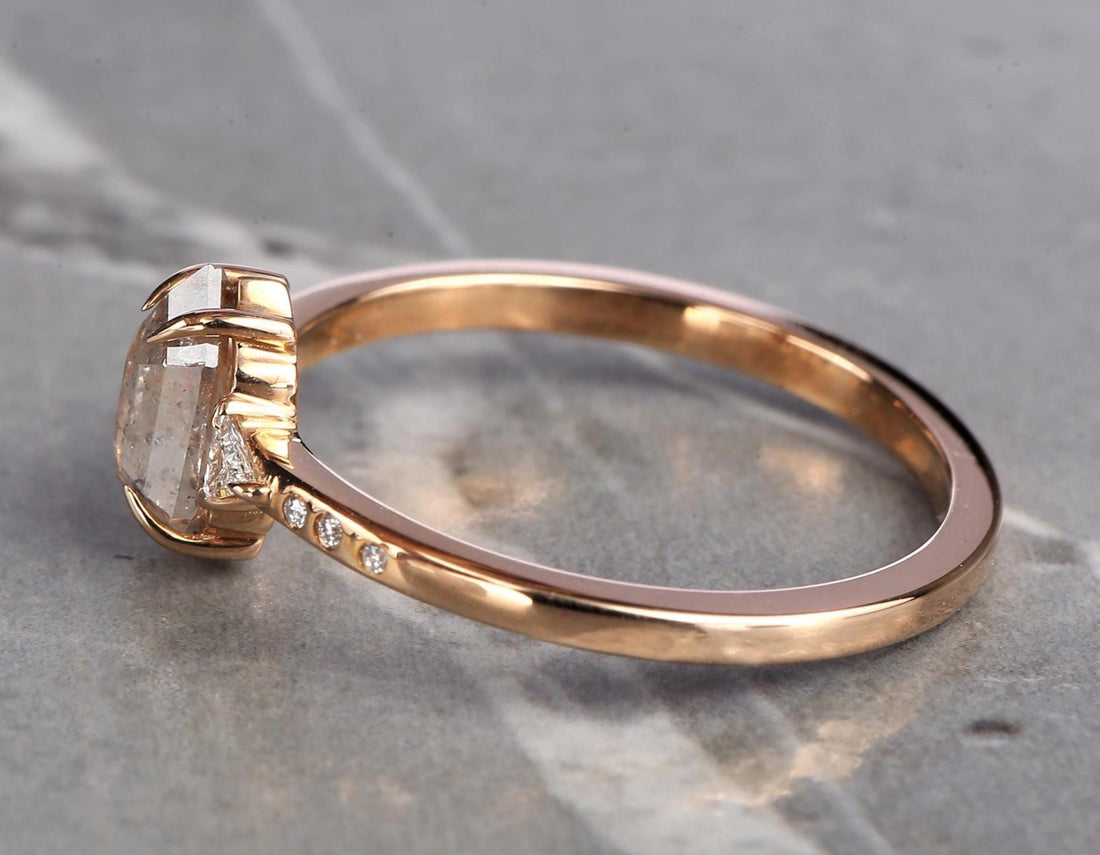 14K Rose Gold Grey Salt and Pepper Natural Hexagon Cut Diamond Wedding Ring